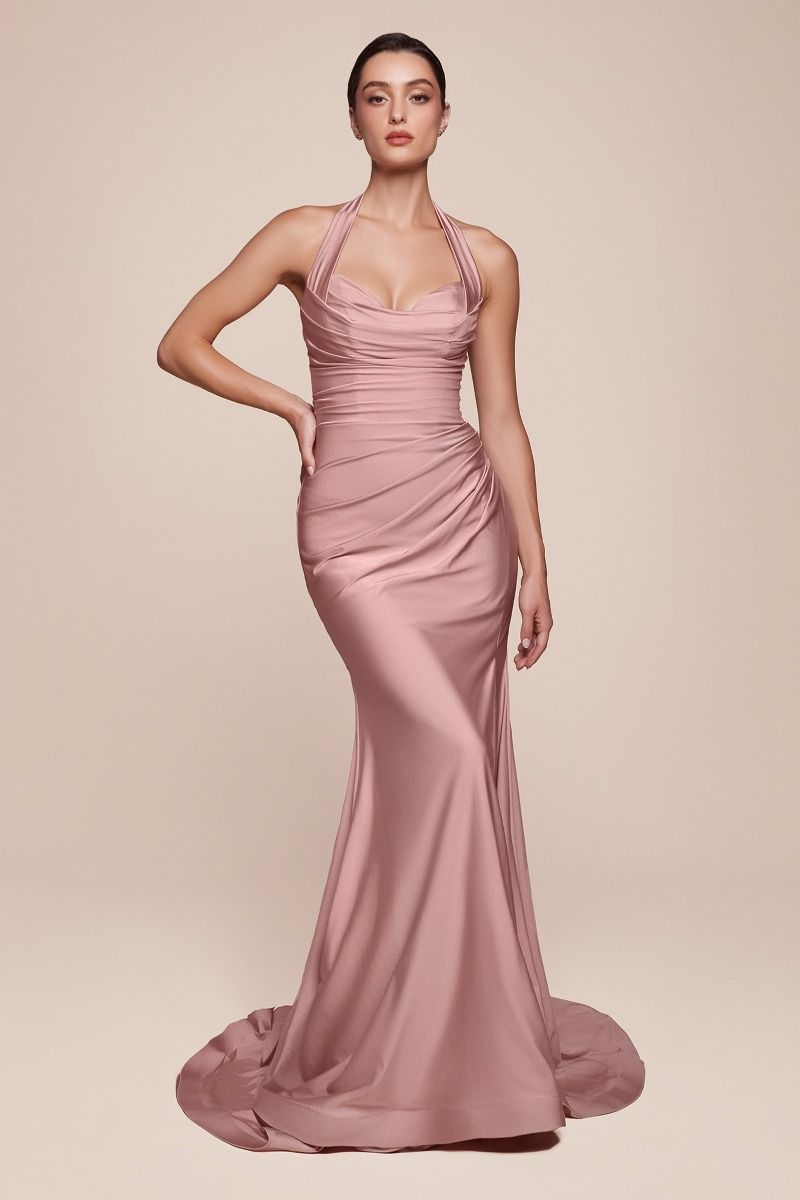 ZORA Halterneck Stretch Satin Mermaid Prom & Formal Dress