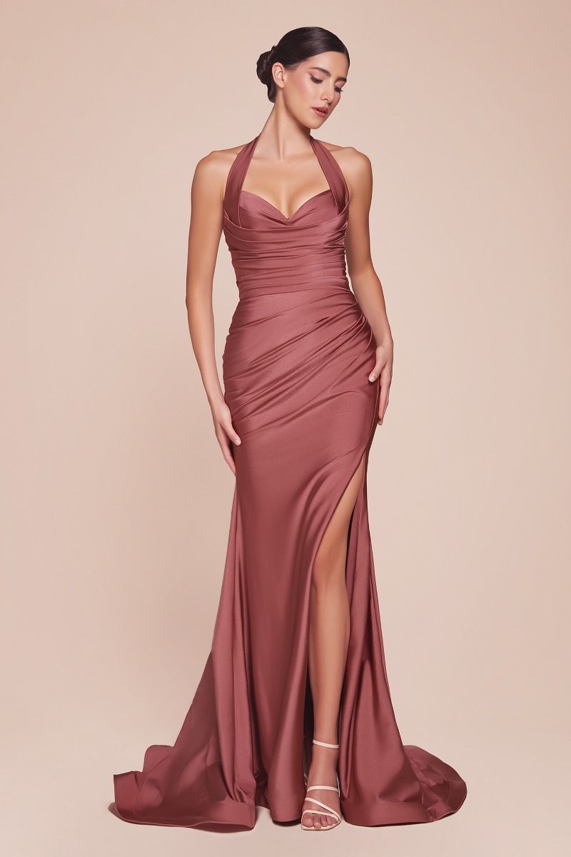 ZORA Halterneck Stretch Satin Mermaid Prom & Formal Dress