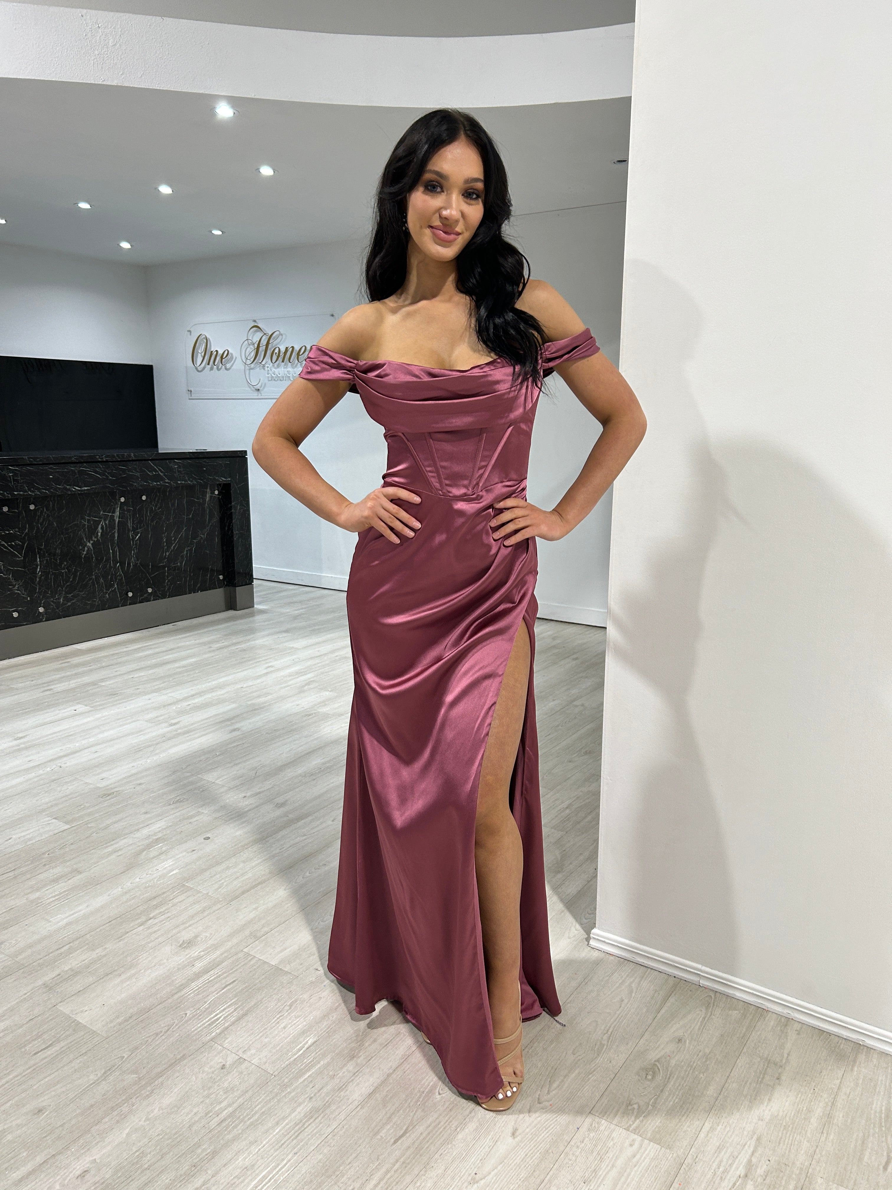 CECE Off The Shoulder Satin Corset Bustier Bridesmaid Formal Dress