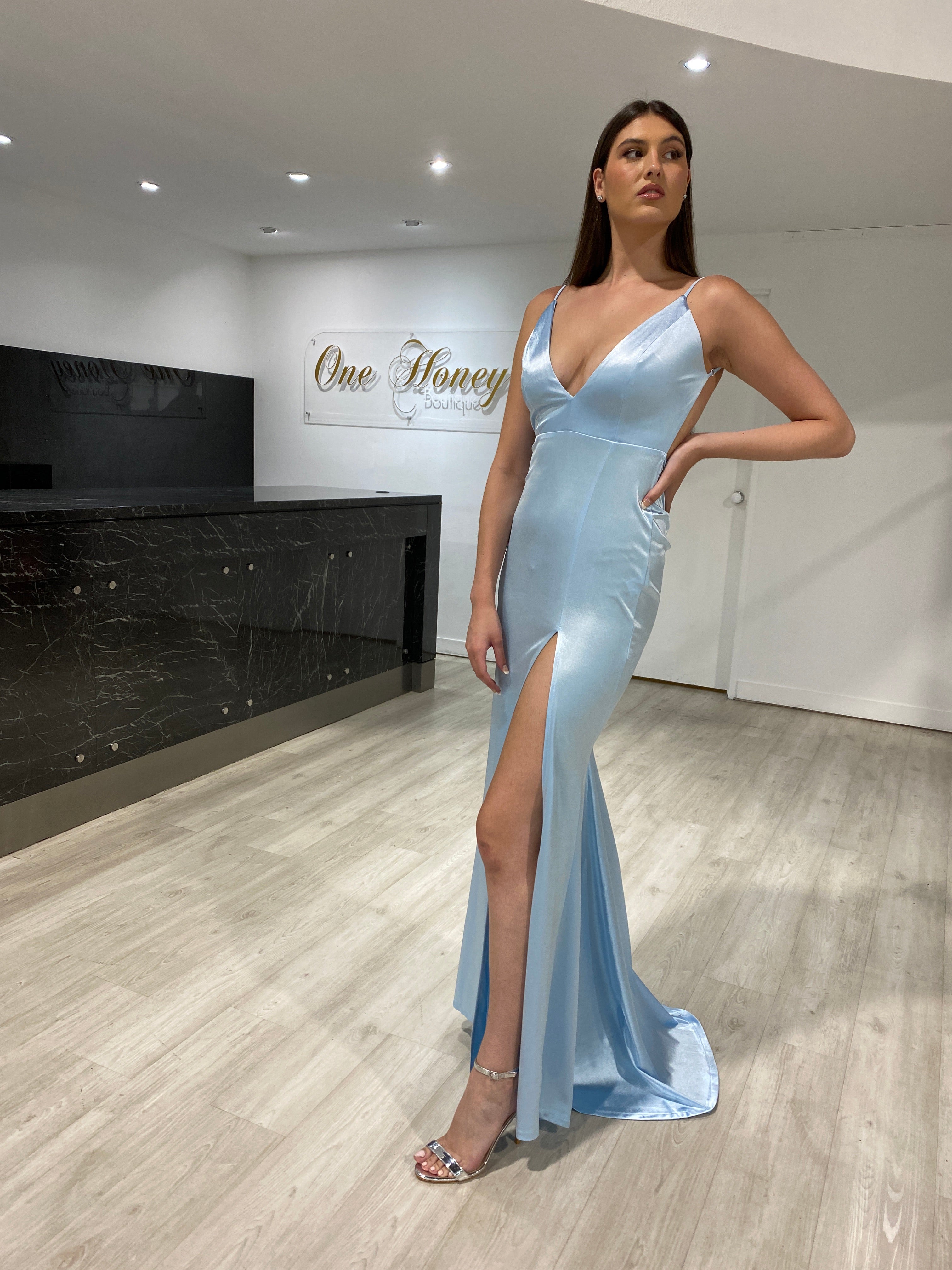 Honey Couture MILEE Baby Blue Low Back Mermaid Evening Gown Dress w Le