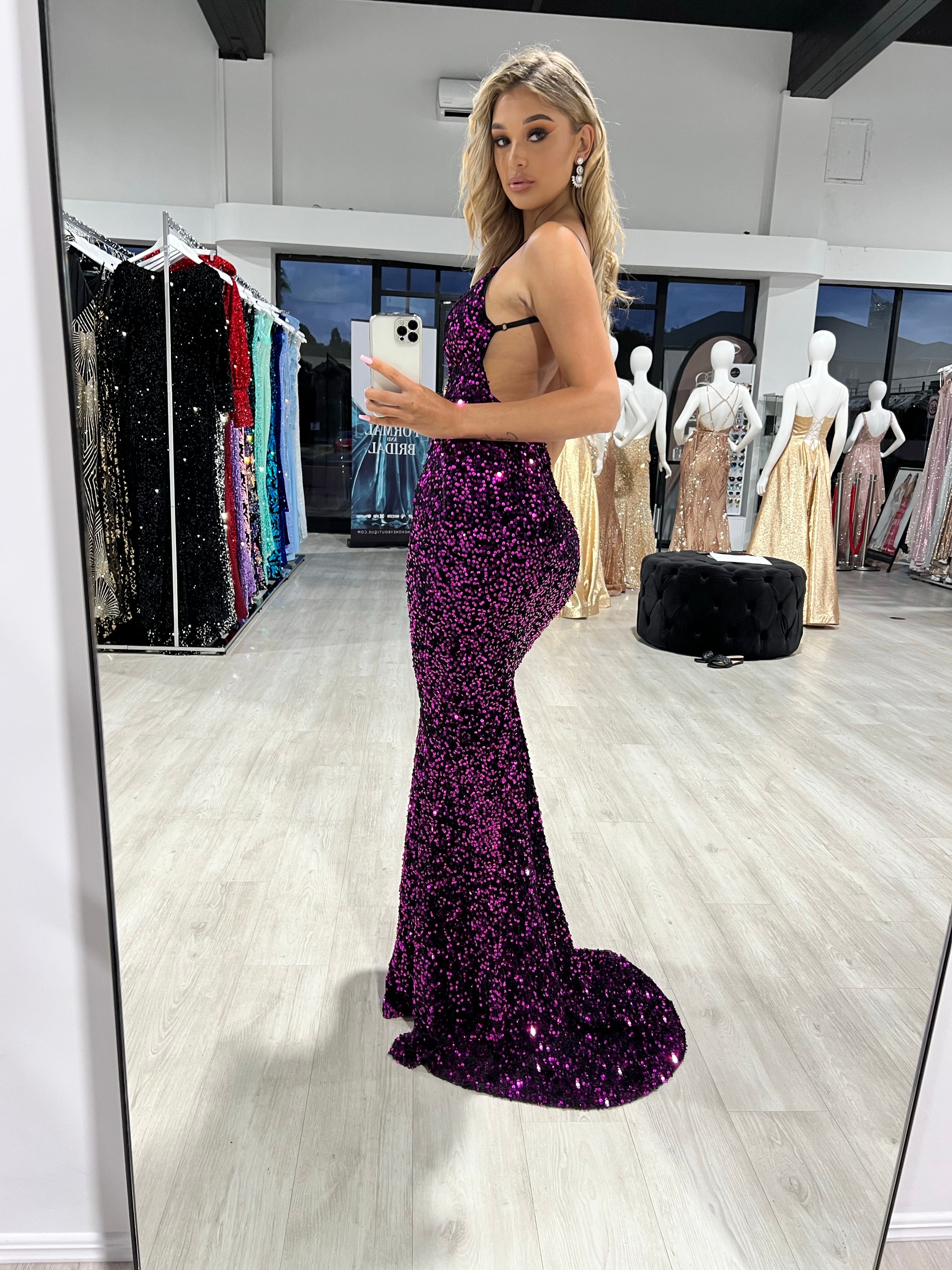 Honey Couture KAYTUM Low Back Sequin Mermaid Evening Gown Dress