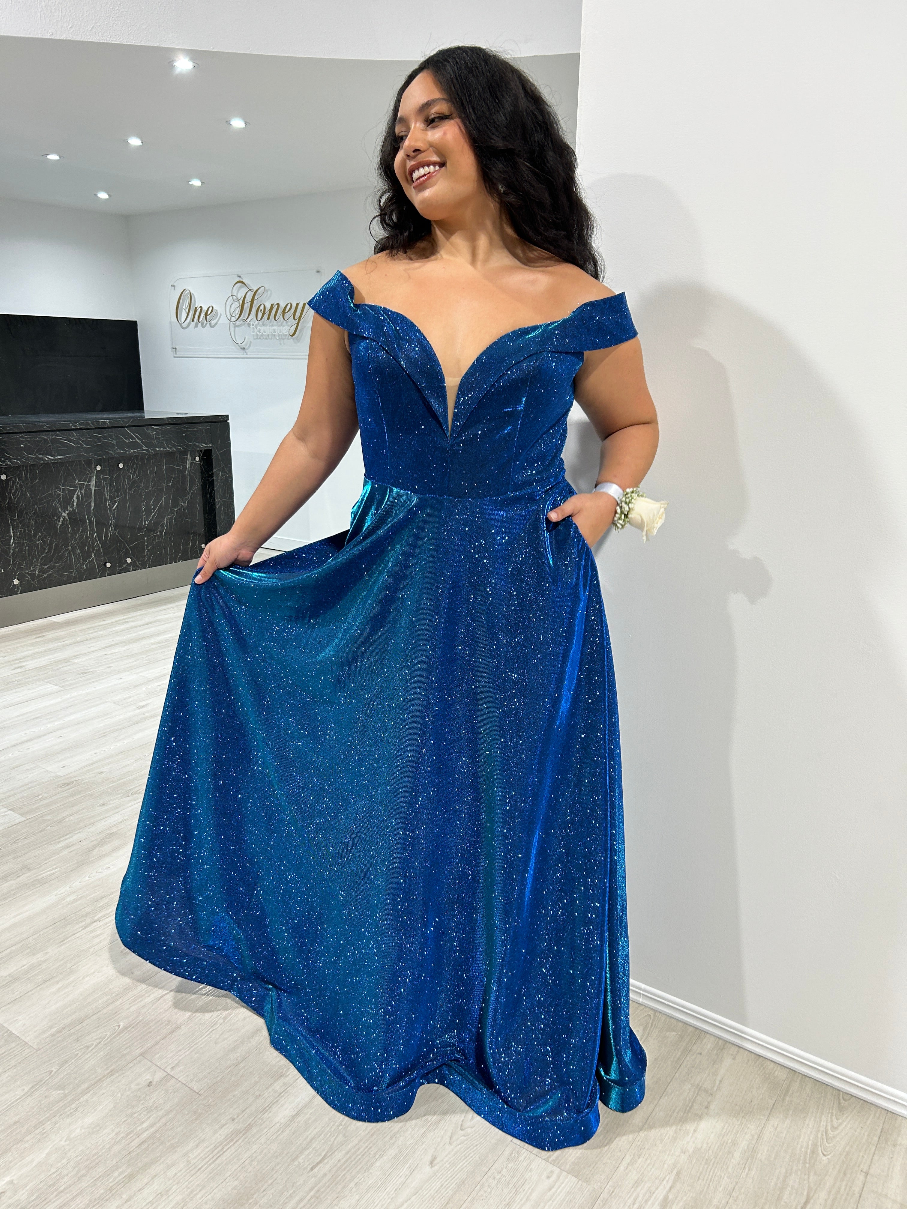 Honey Couture REBEL Blue Glitter Off The Shoulder A Line Formal Dress