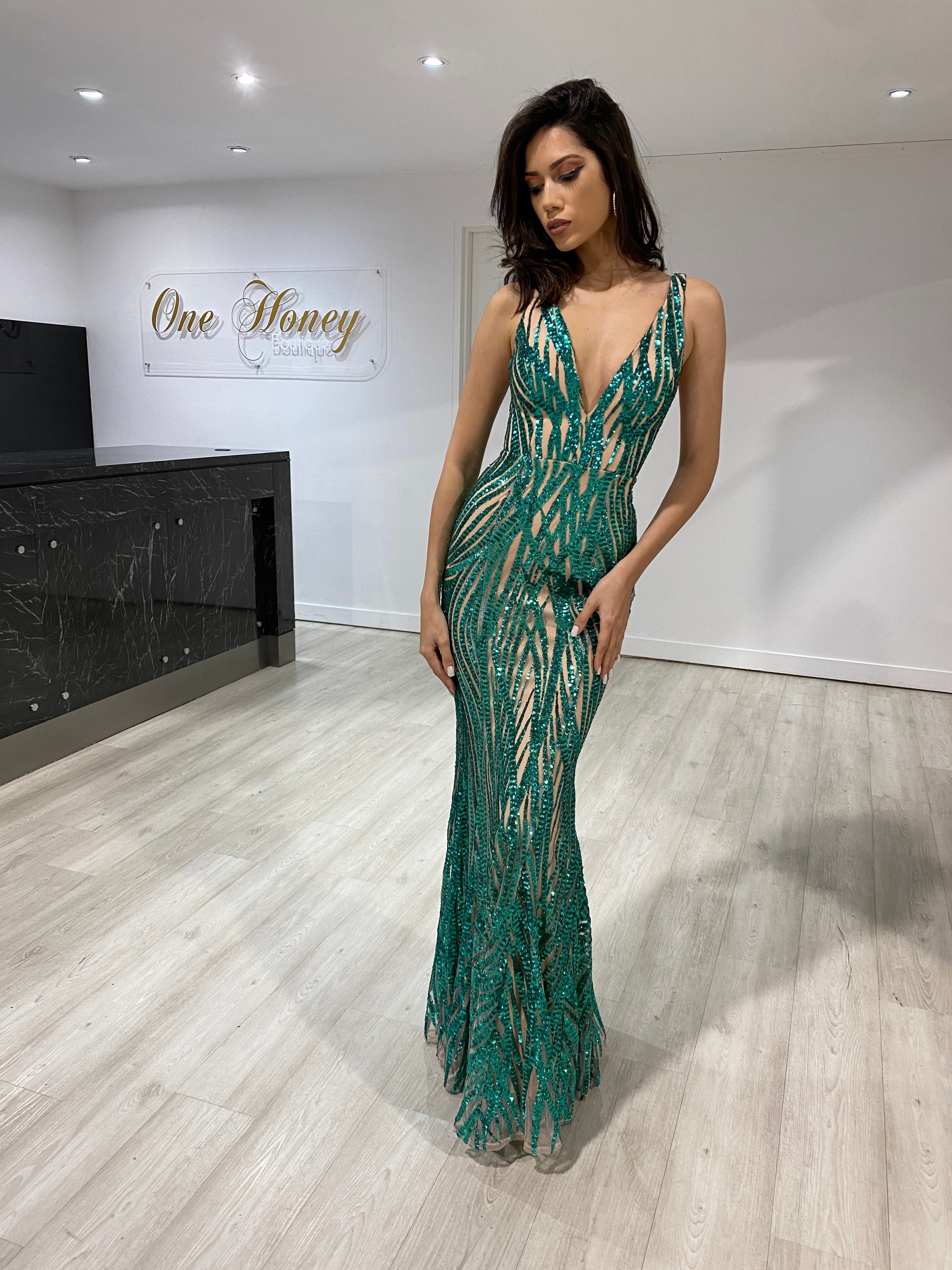 Honey Couture YASMIN V Front Sequin Formal Evening Gown