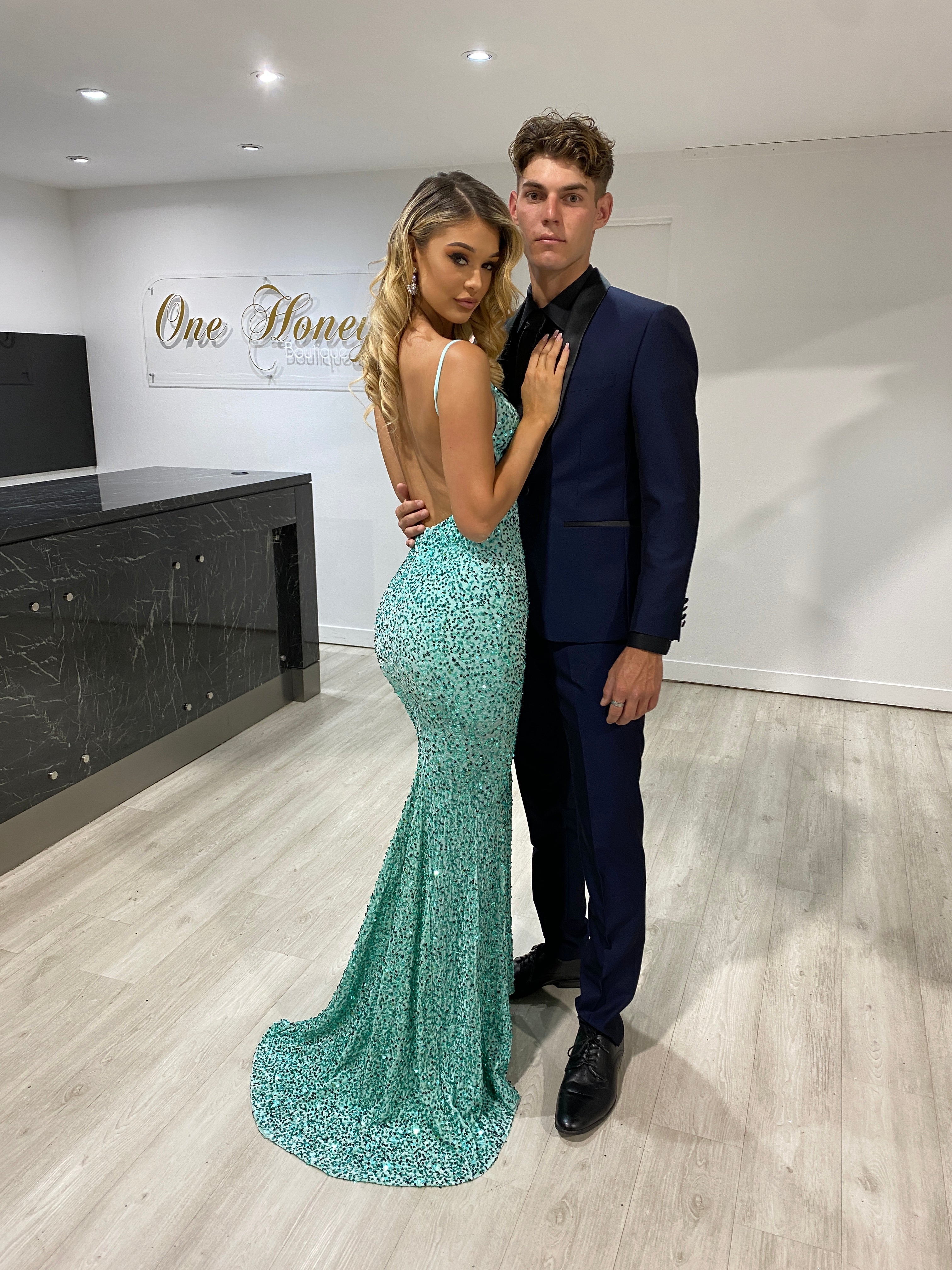 Honey Couture KAYTUM Low Back Sequin Mermaid Evening Gown Dress