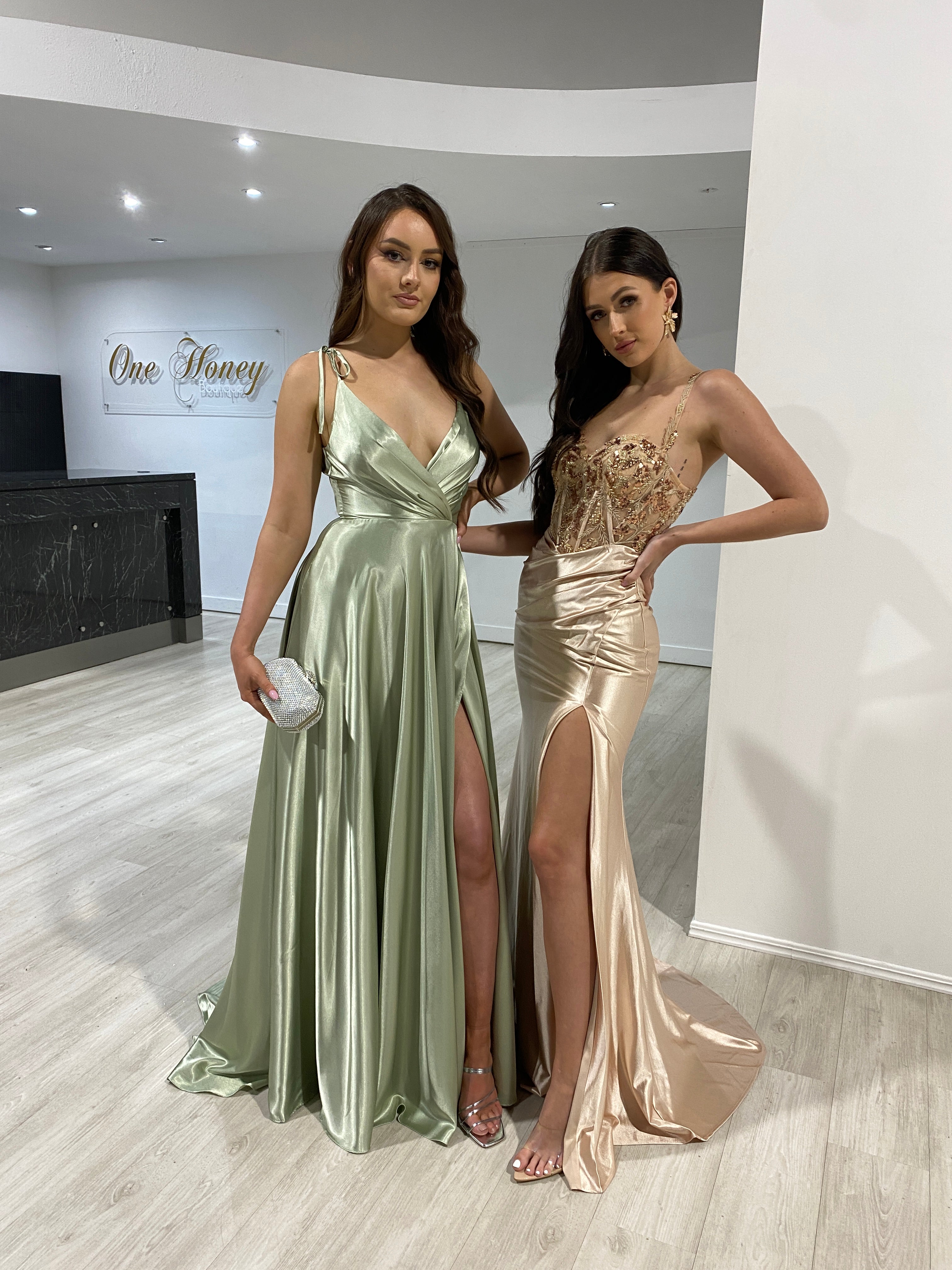 Green silky deals prom dress