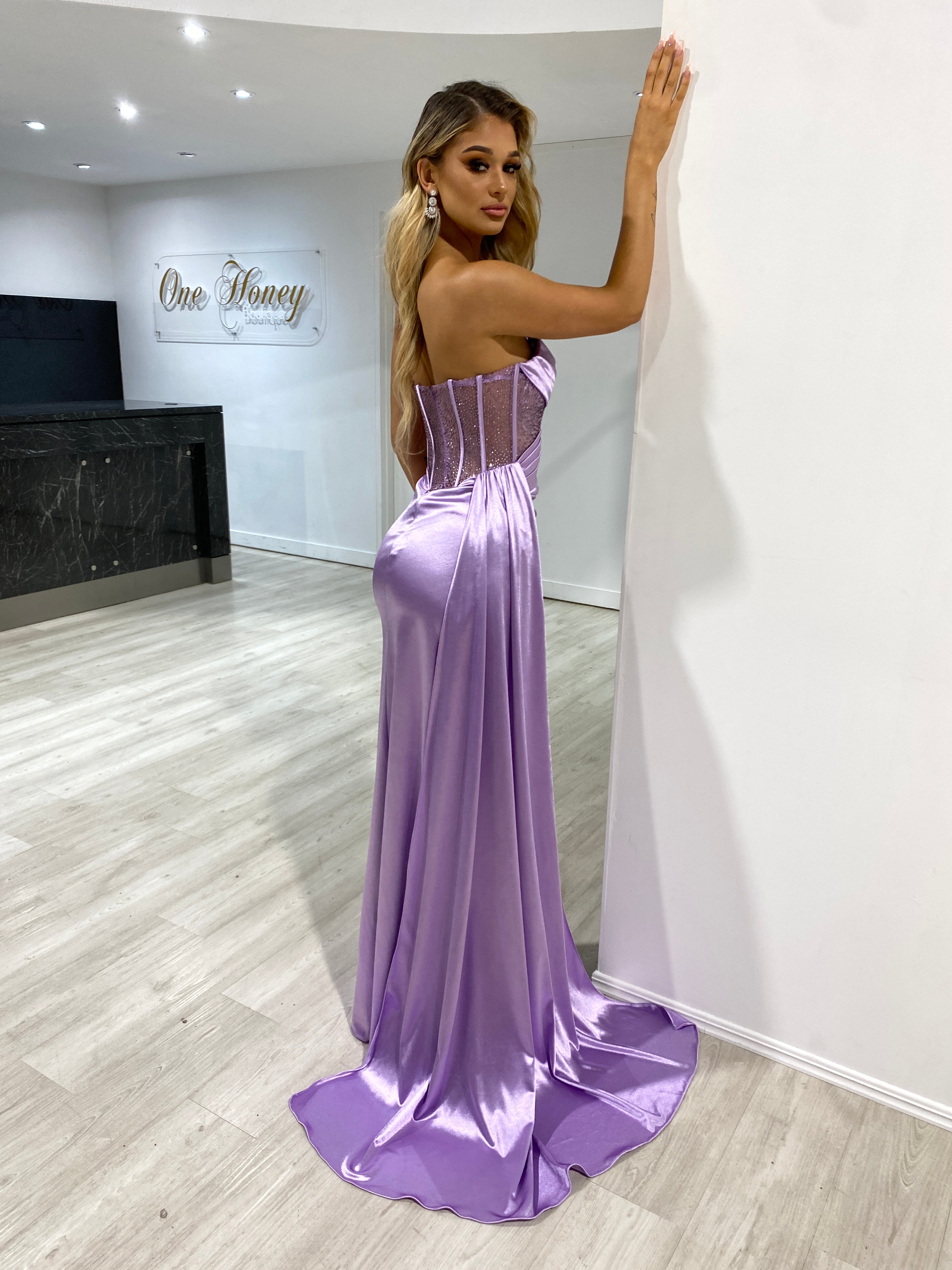 Honey Couture GIGI Corset Sparkle Bustier Strapless Mermaid Formal Gown Dress