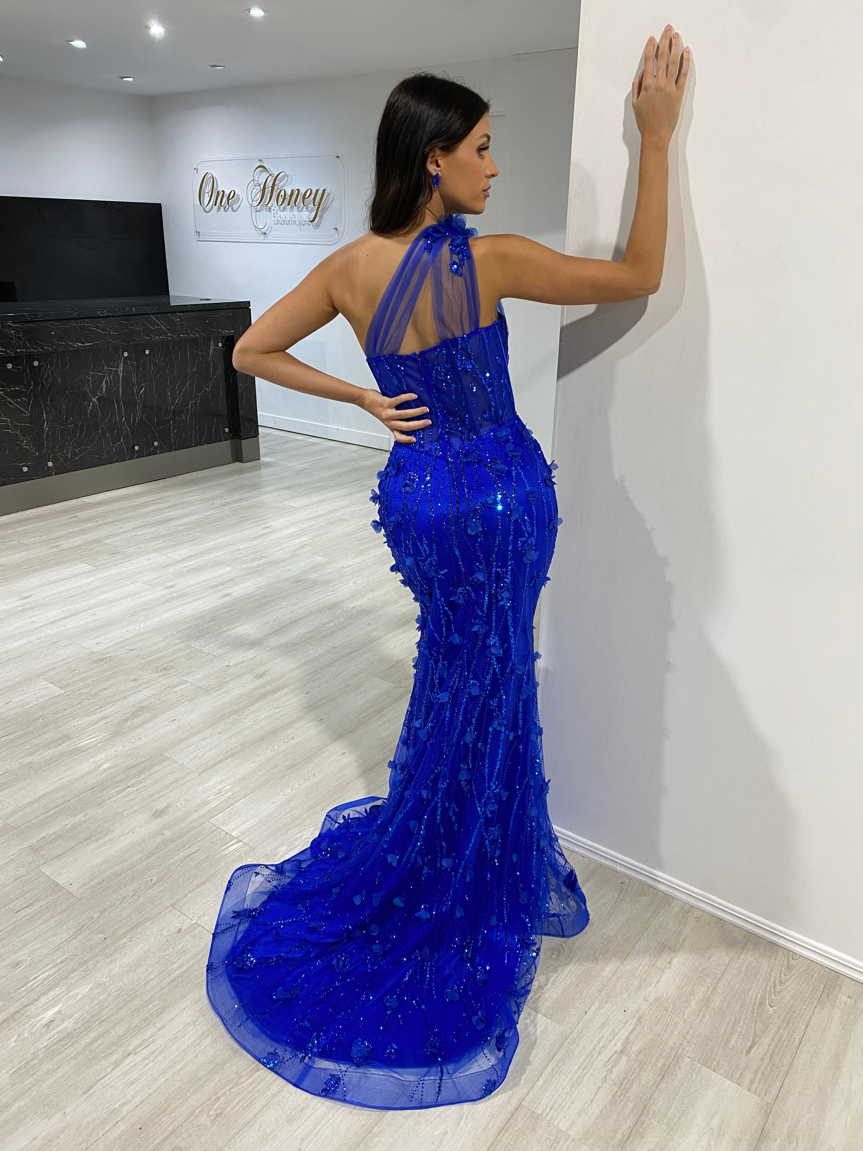 AMINA One Shoulder Glitter Tulle Mermaid Formal Dress