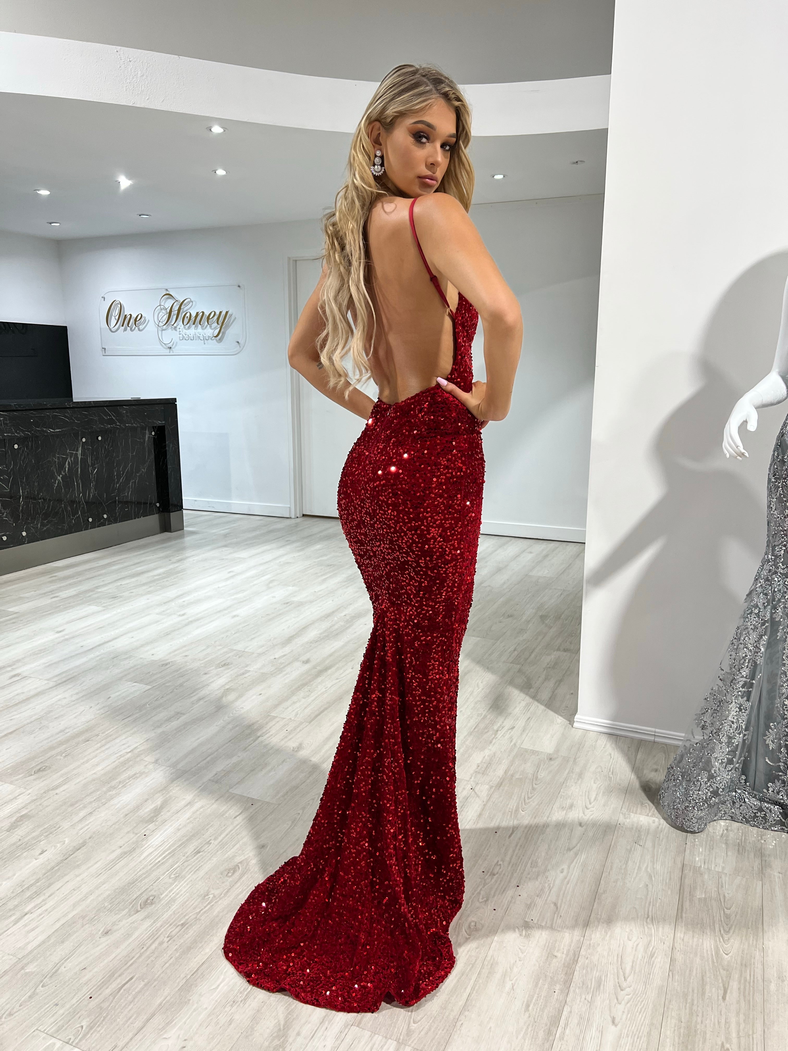 Honey Couture KAYTUM Low Back Sequin Mermaid Evening Gown Dress