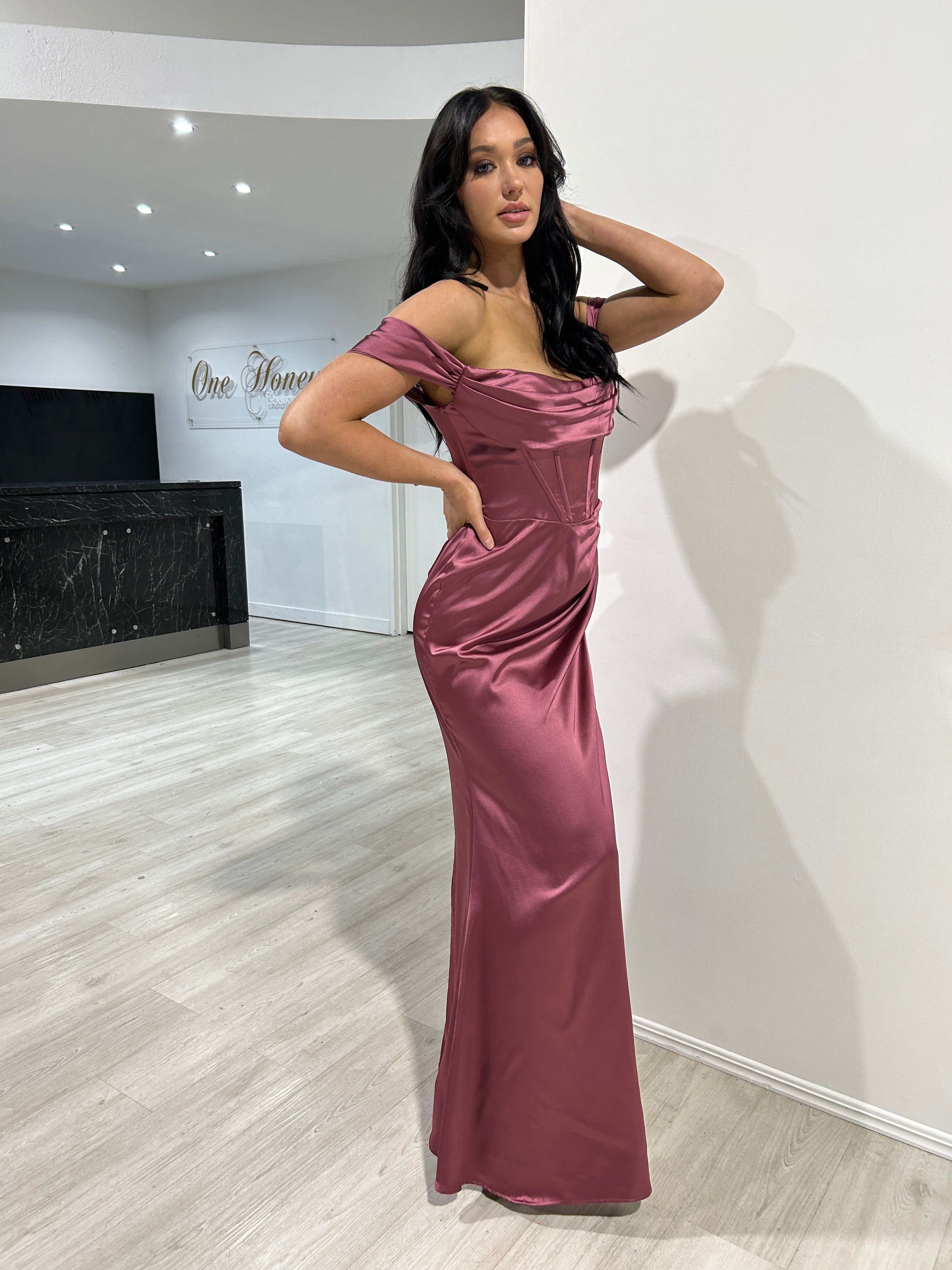 CECE Off The Shoulder Satin Corset Bustier Bridesmaid Formal Dress