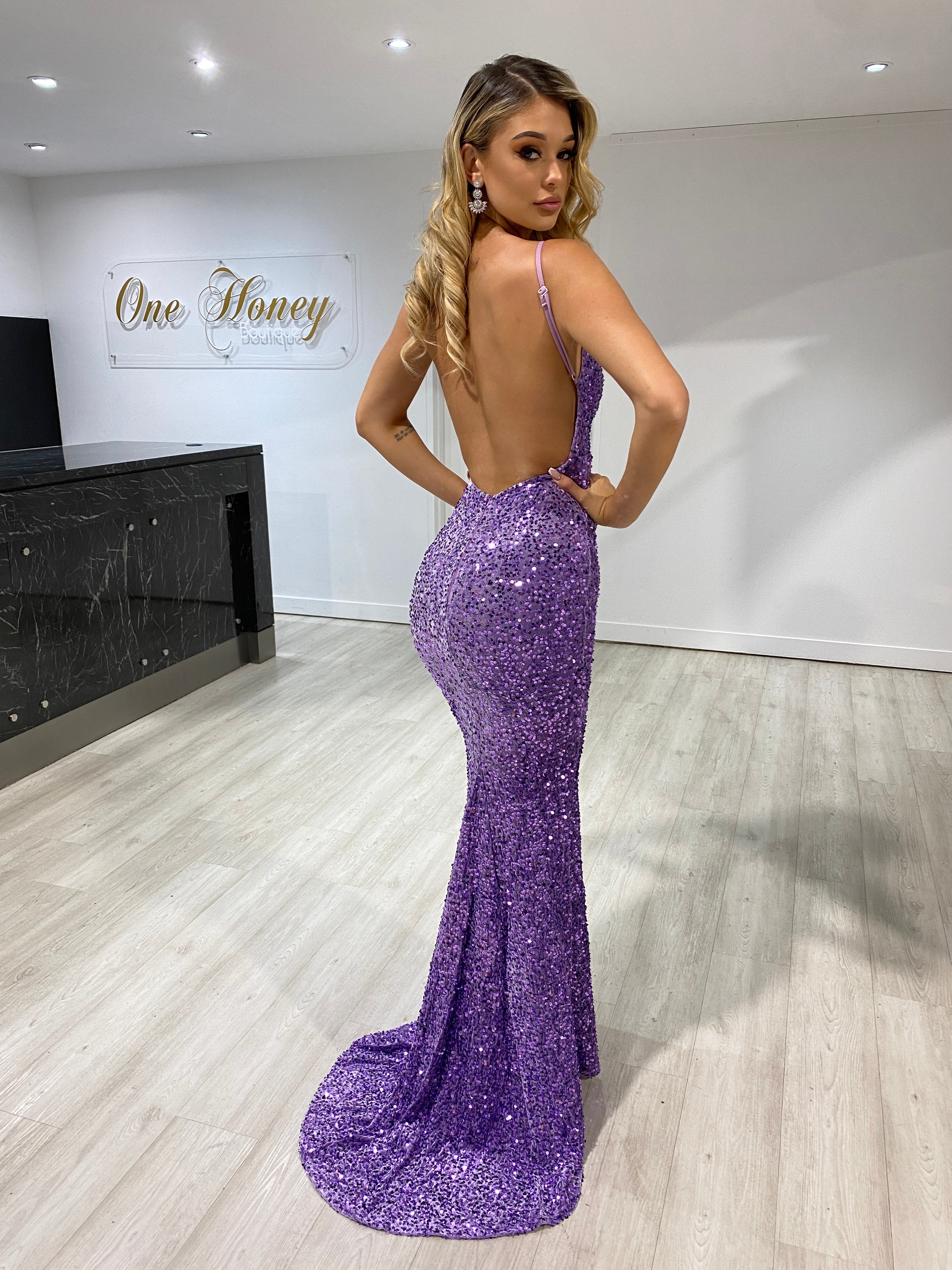 Honey Couture KAYTUM Low Back Sequin Mermaid Evening Gown Dress