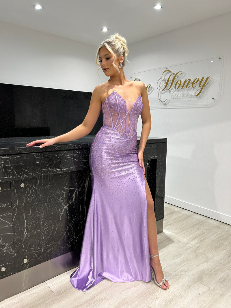 Honey Couture ROMANA Lavender Strapless Satin Diamanté Detail Corset B ...