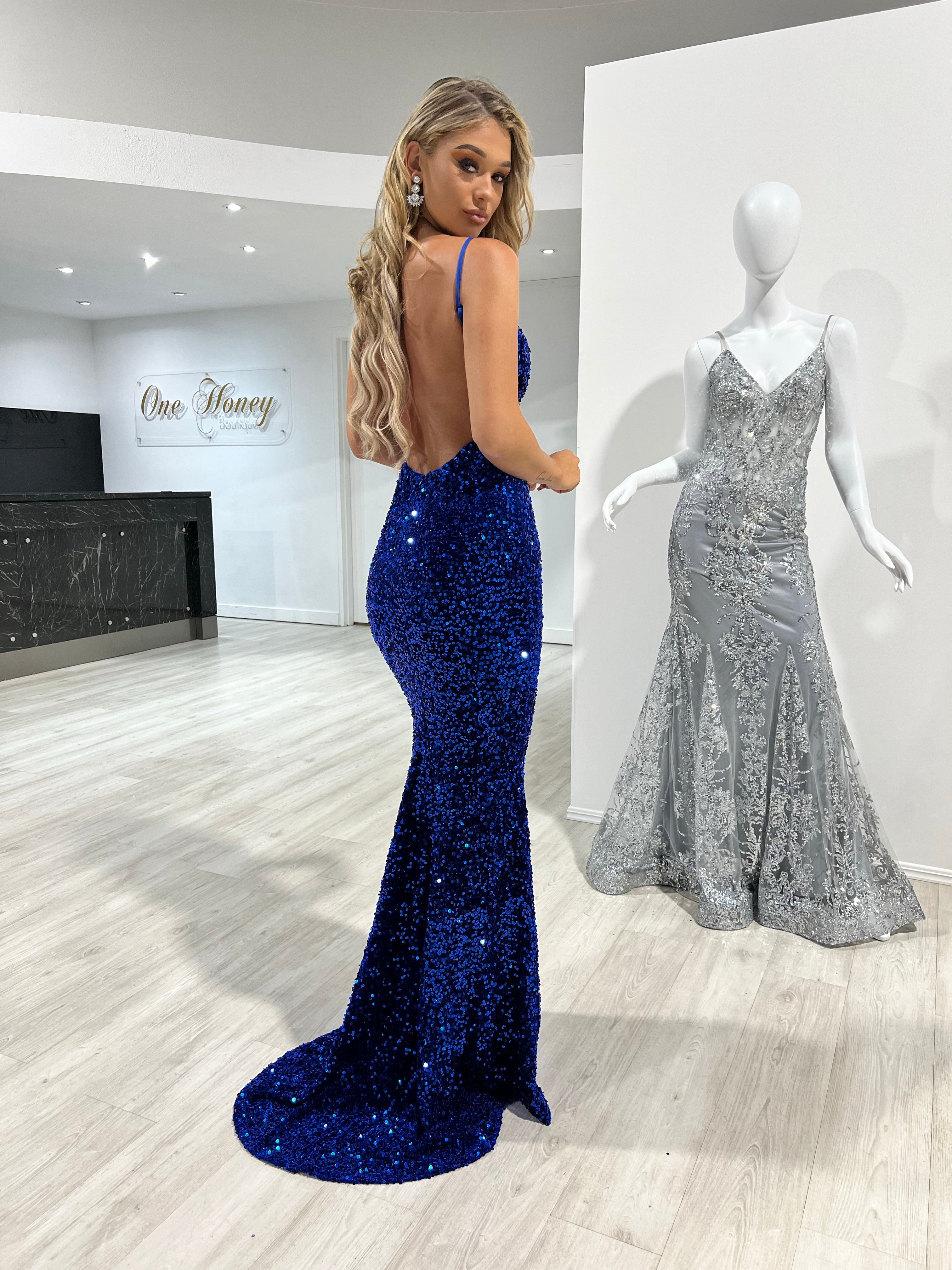 Honey Couture KAYTUM Low Back Sequin Mermaid Evening Gown Dress