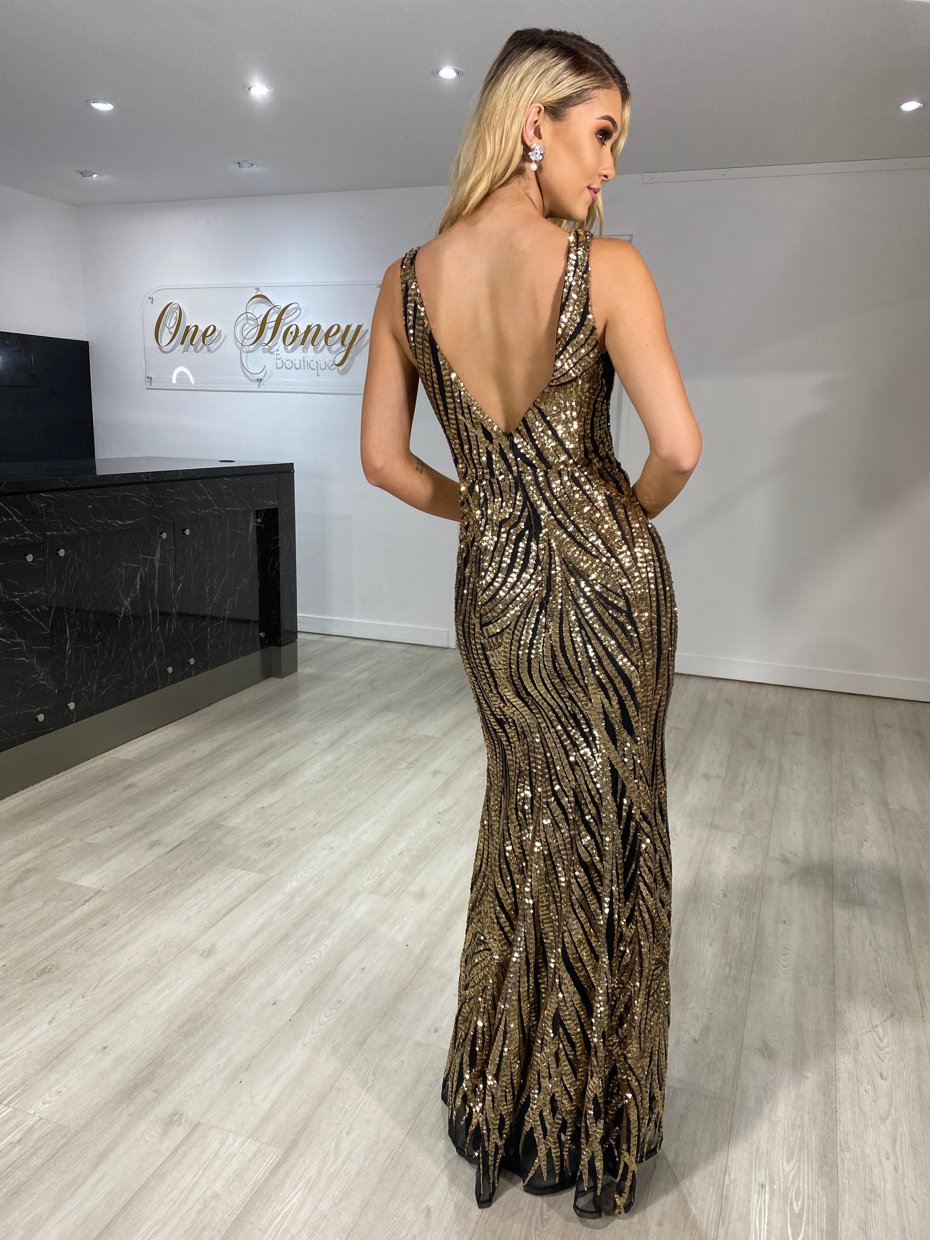 Honey Couture YASMIN V Front Sequin Formal Evening Gown