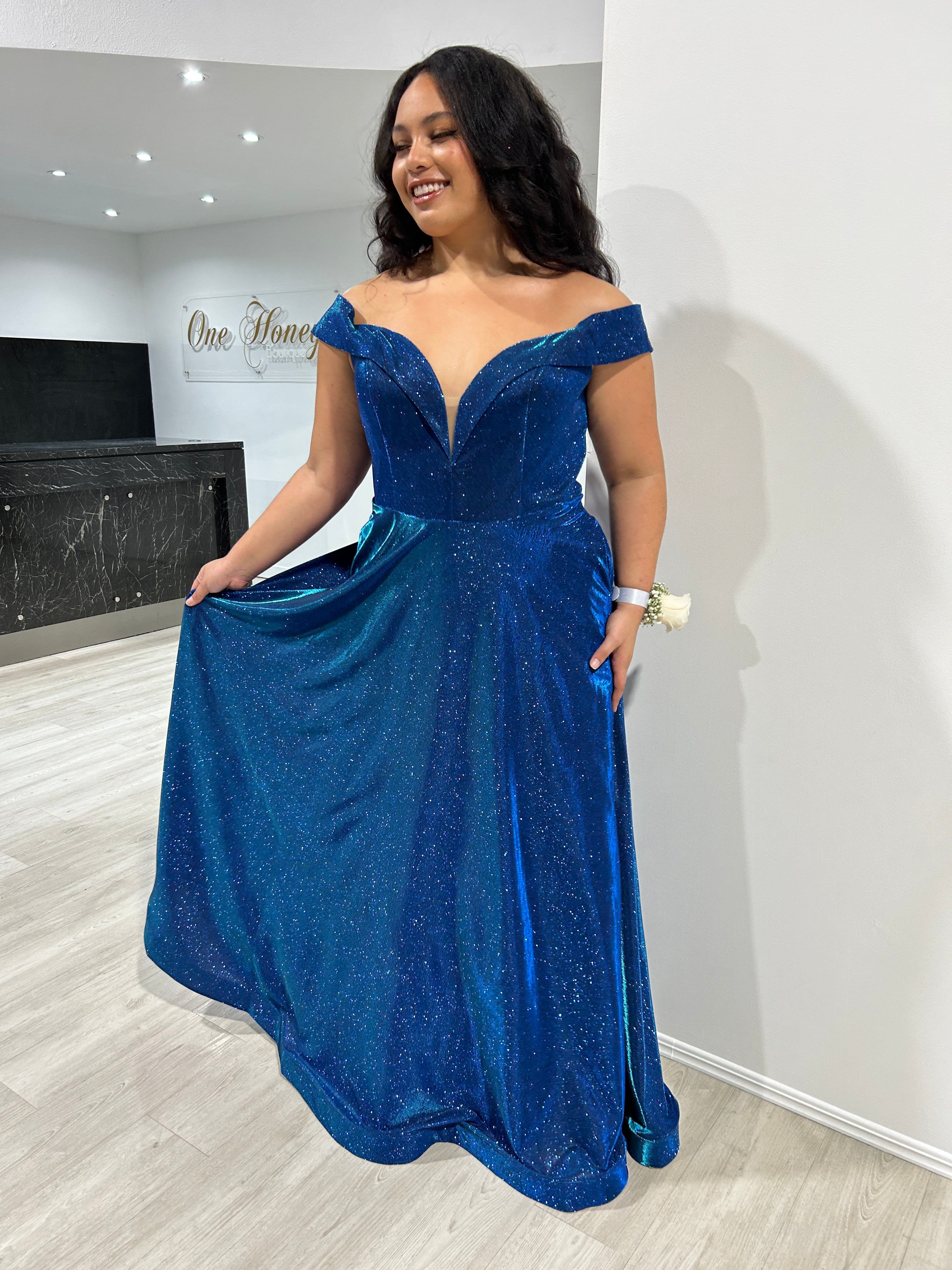 Honey Couture REBEL Blue Glitter Off The Shoulder A Line Formal Dress