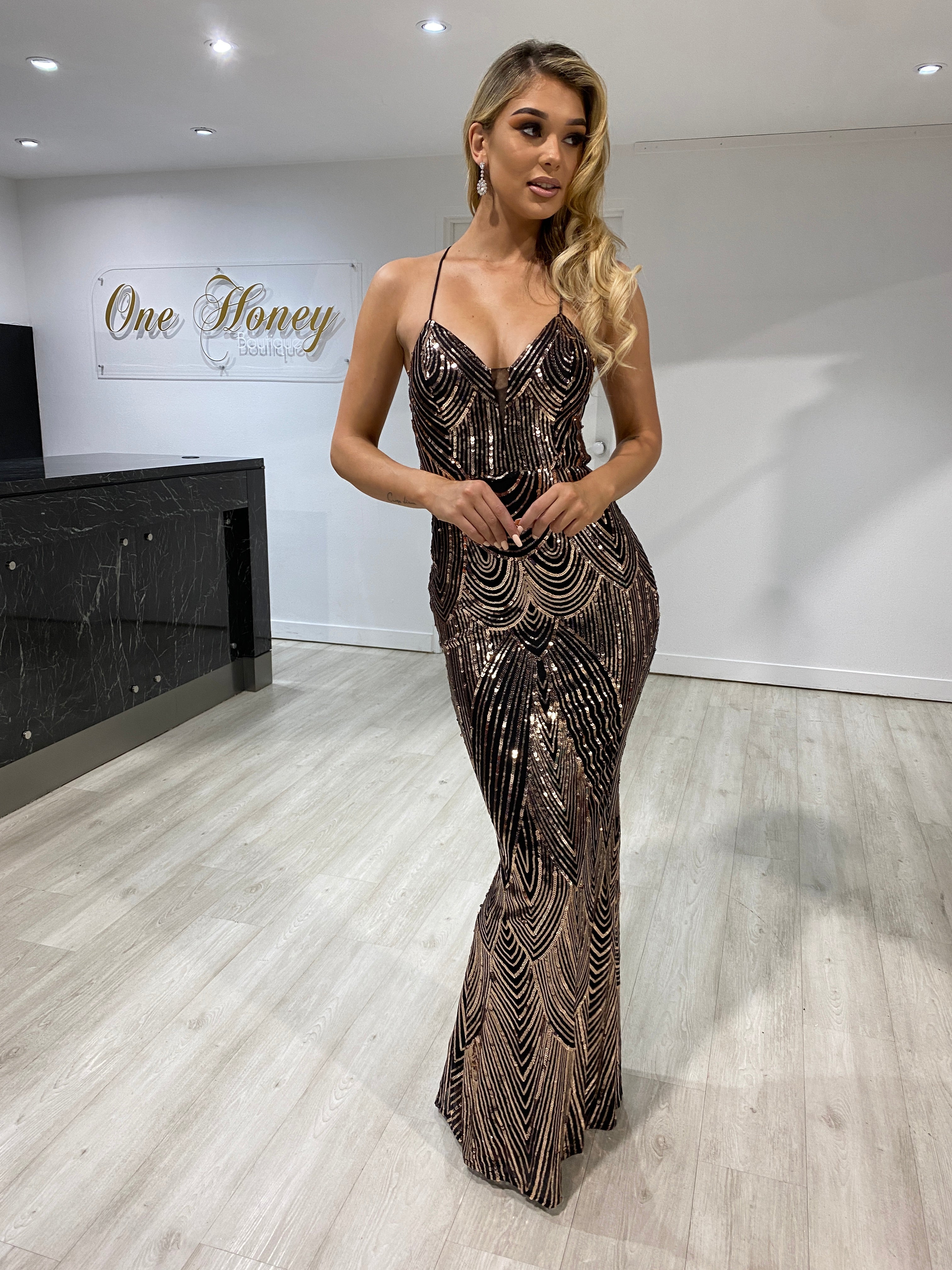 Honey Couture MOULIN Sequin Corset Formal Dress