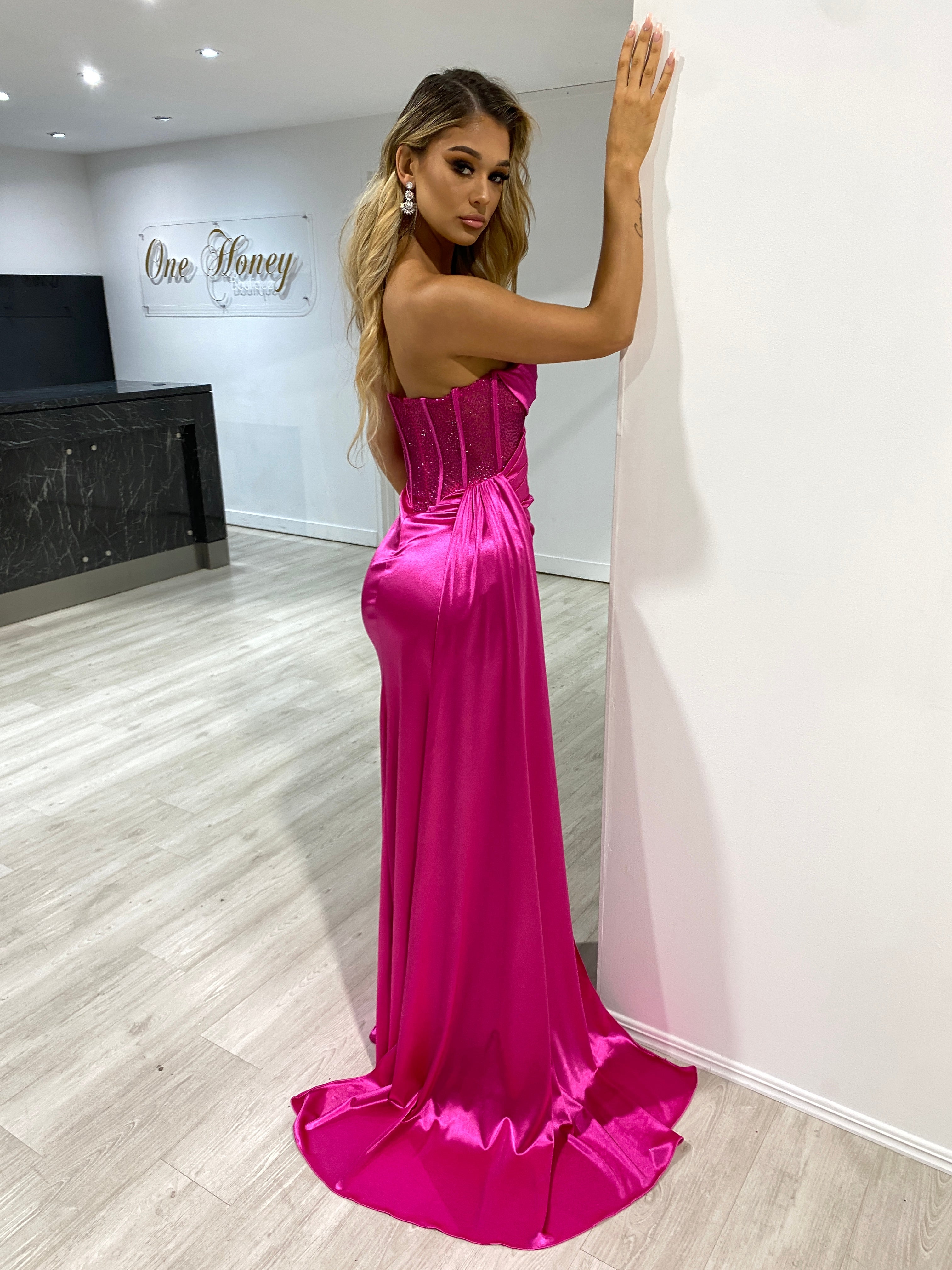 Honey Couture GIGI Corset Sparkle Bustier Strapless Mermaid Formal Gown Dress