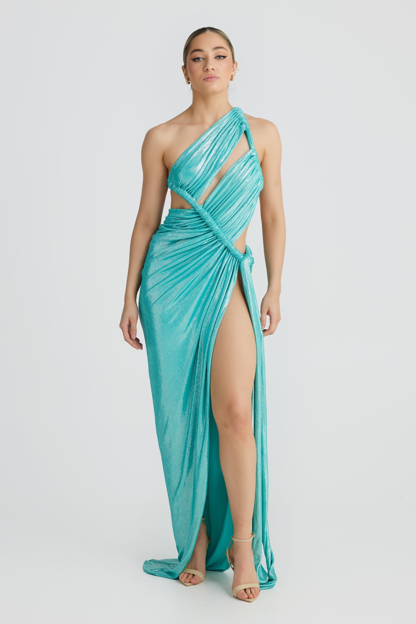 M LANI The Label APHRODITE Aqua Metallic One Shoulder Formal Dress