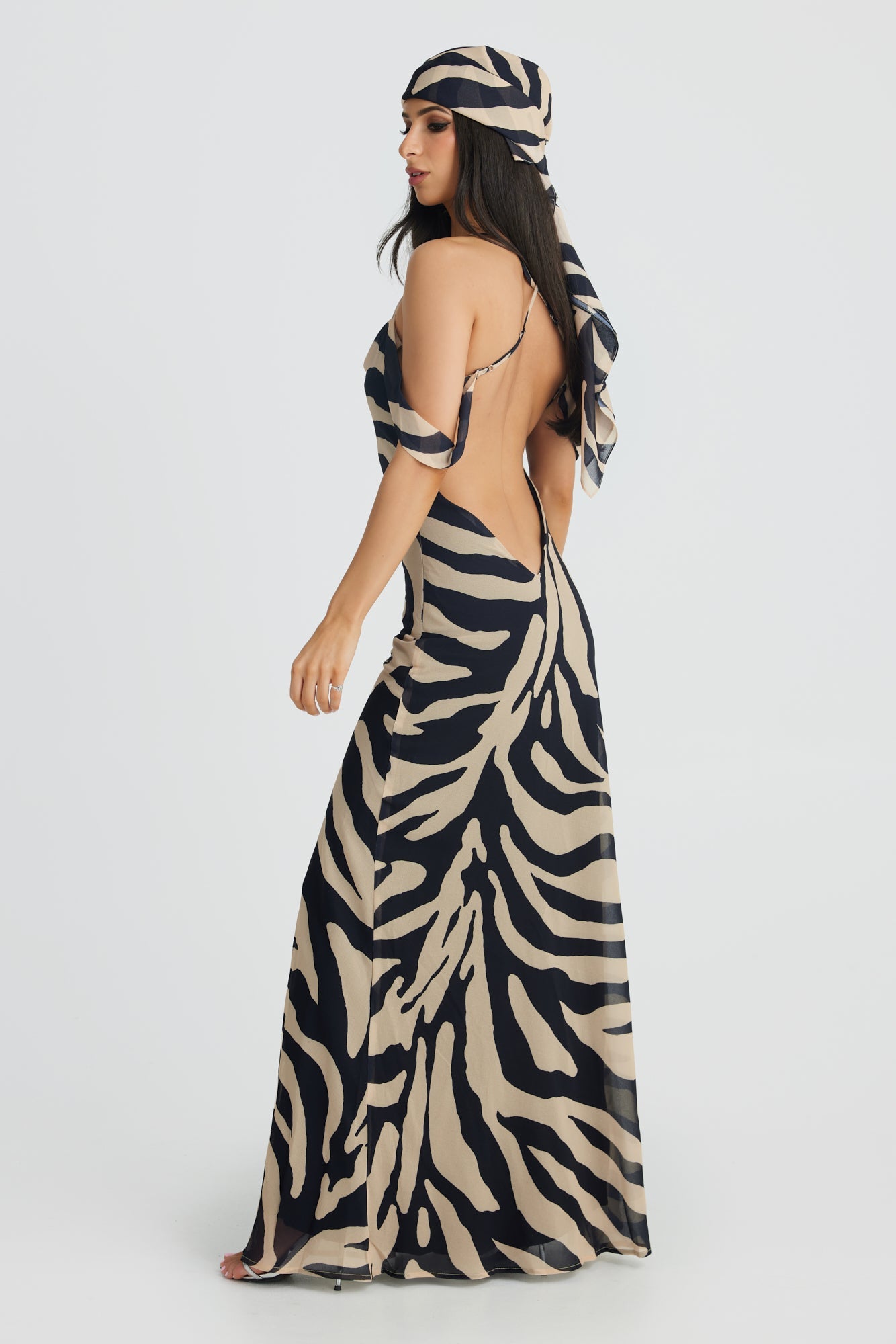 M LANI The Label VIENNA Zebra Low Back Chiffon Maxi Dress