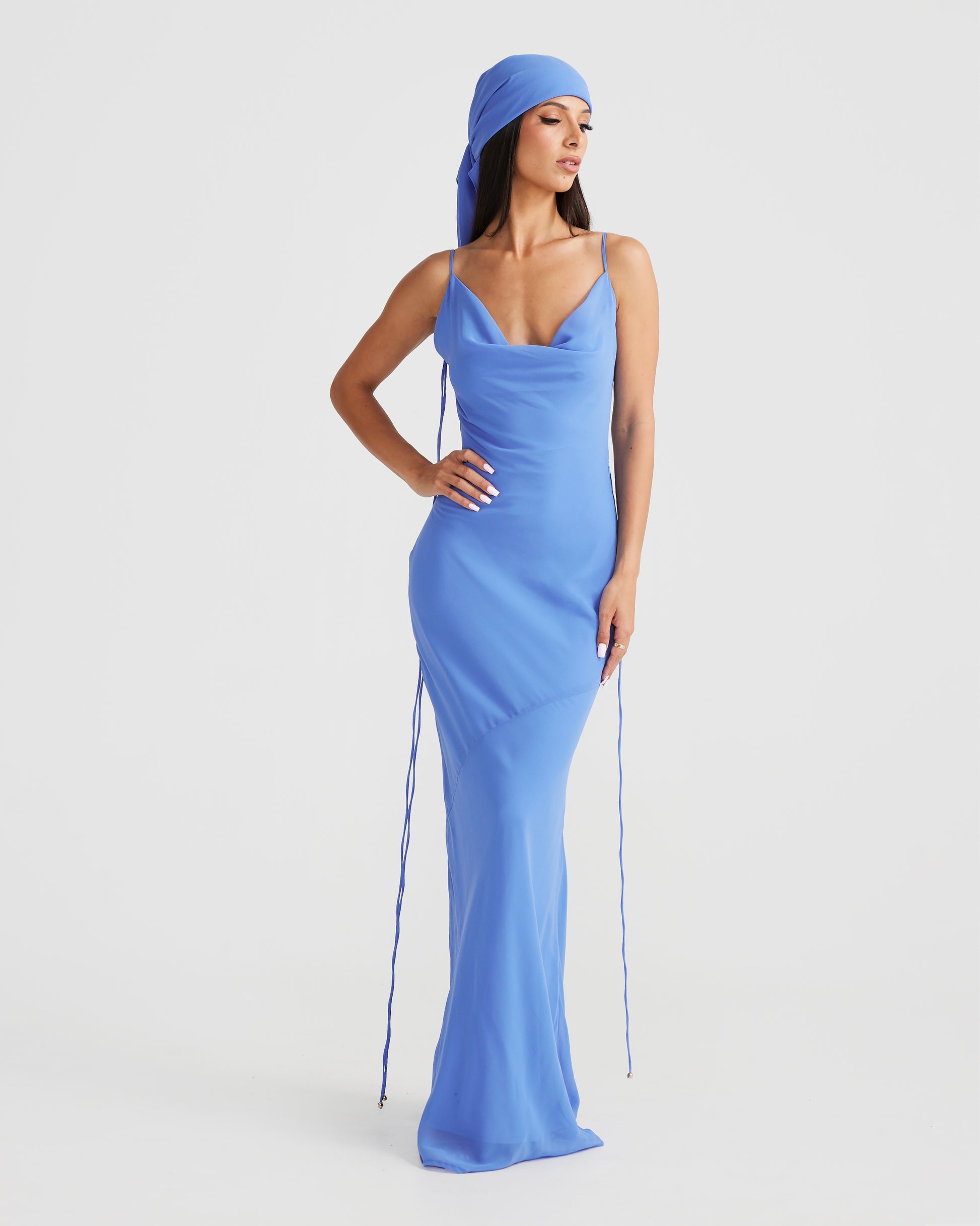 MÉLANI The Label AMALI Cowl Neck Chiffon Backless Dress