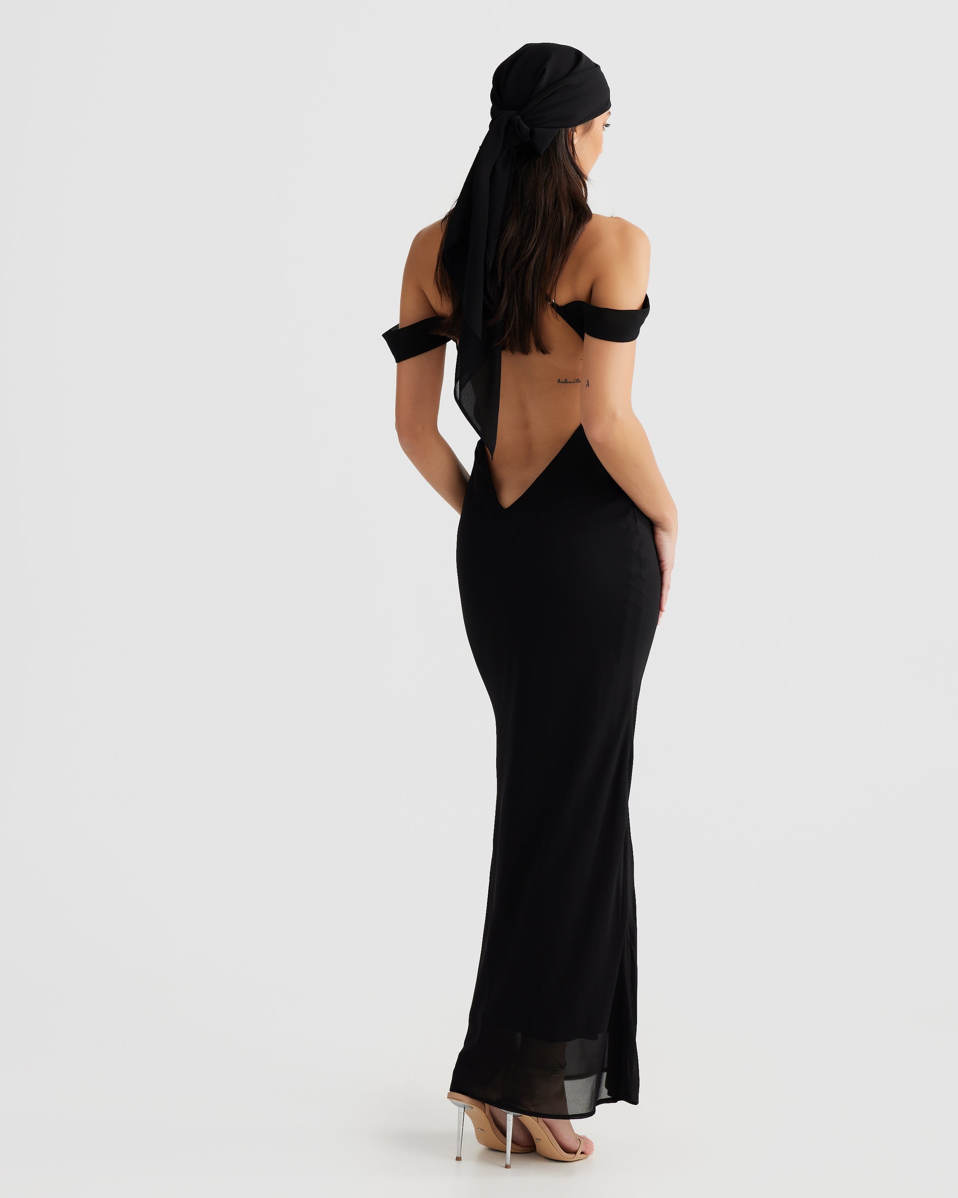 M LANI The Label VIENNA Black Low Back Chiffon Maxi Dress