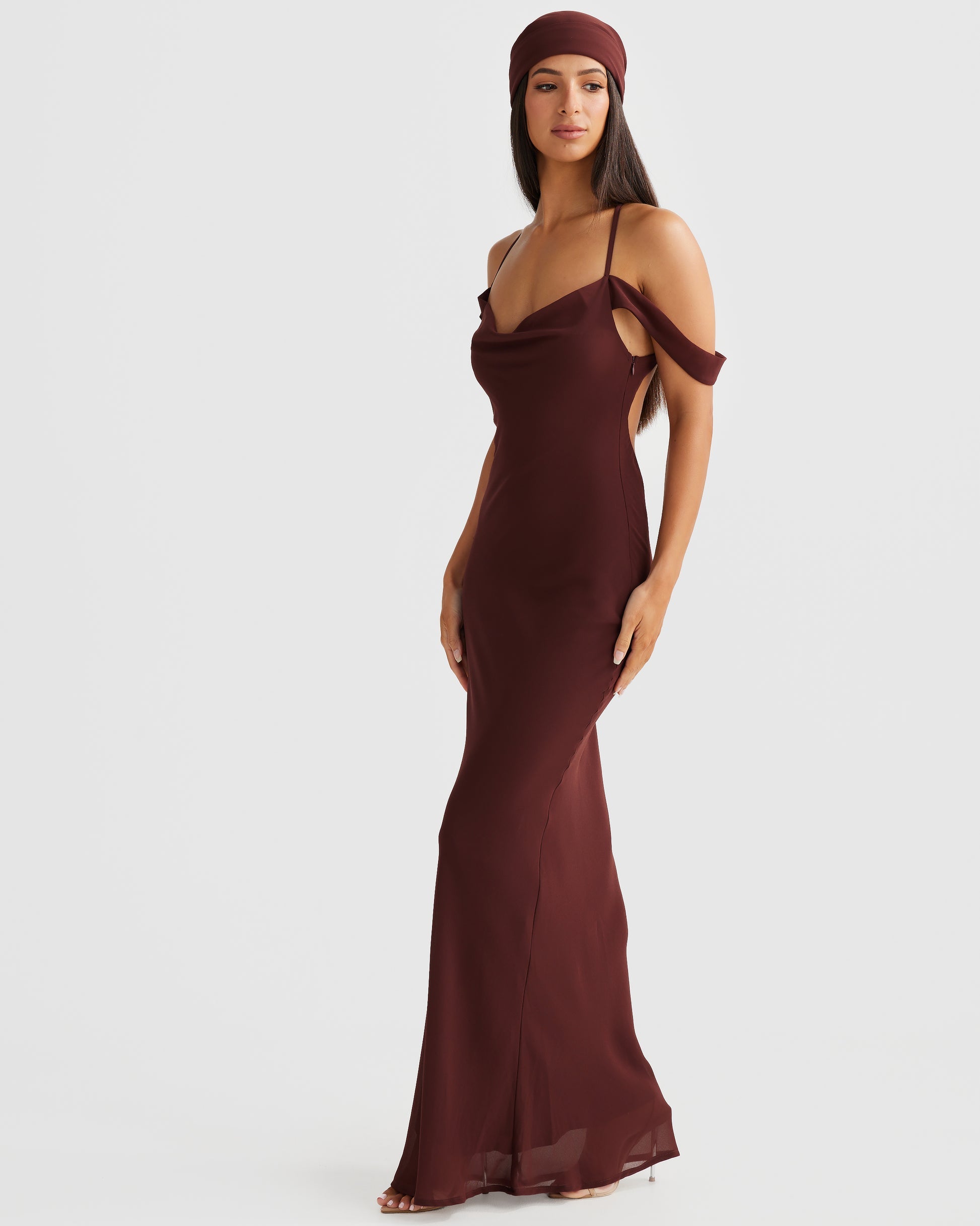 M LANI The Label VIENNA Brown Low Back Chiffon Maxi Dress