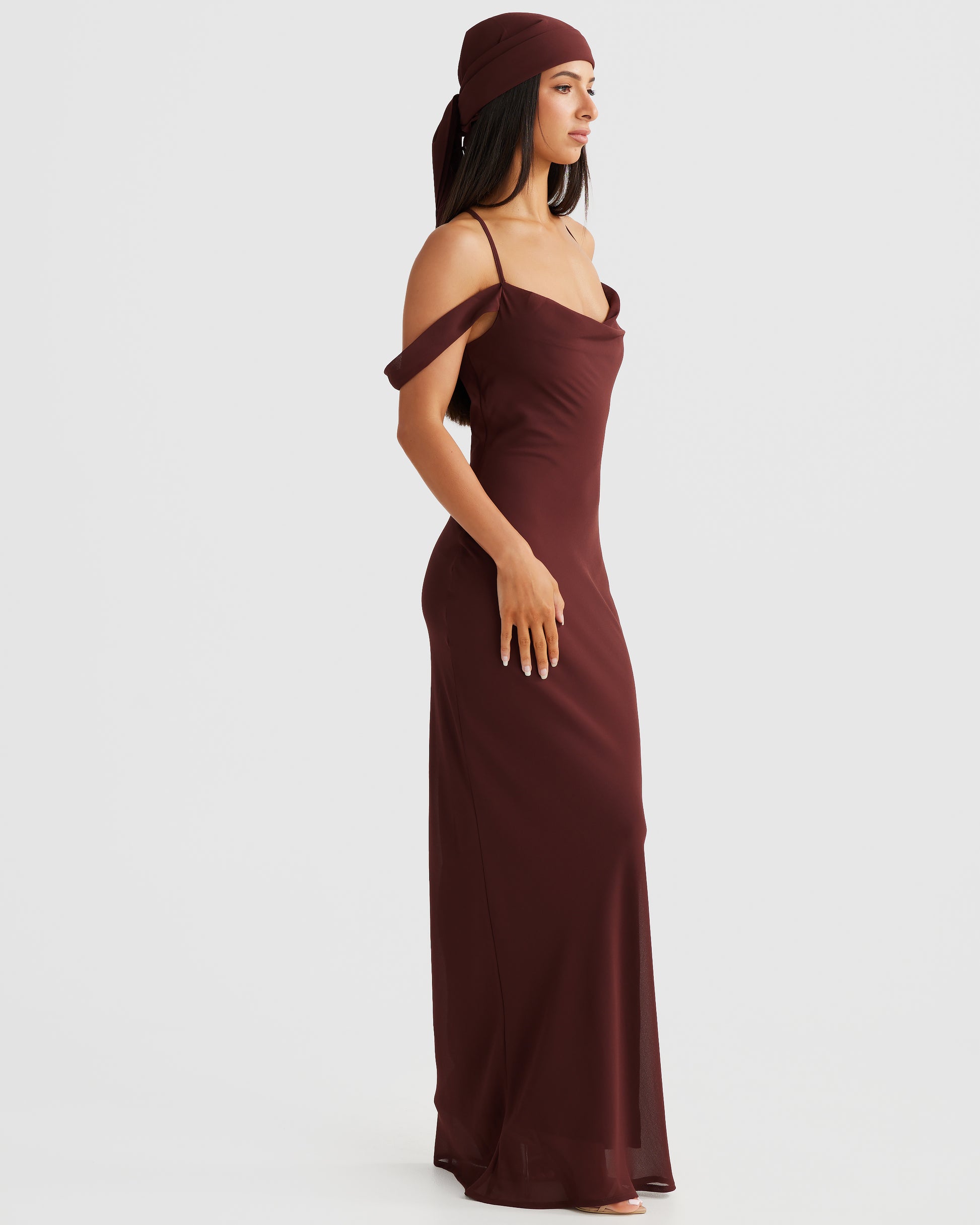 M LANI The Label VIENNA Brown Low Back Chiffon Maxi Dress