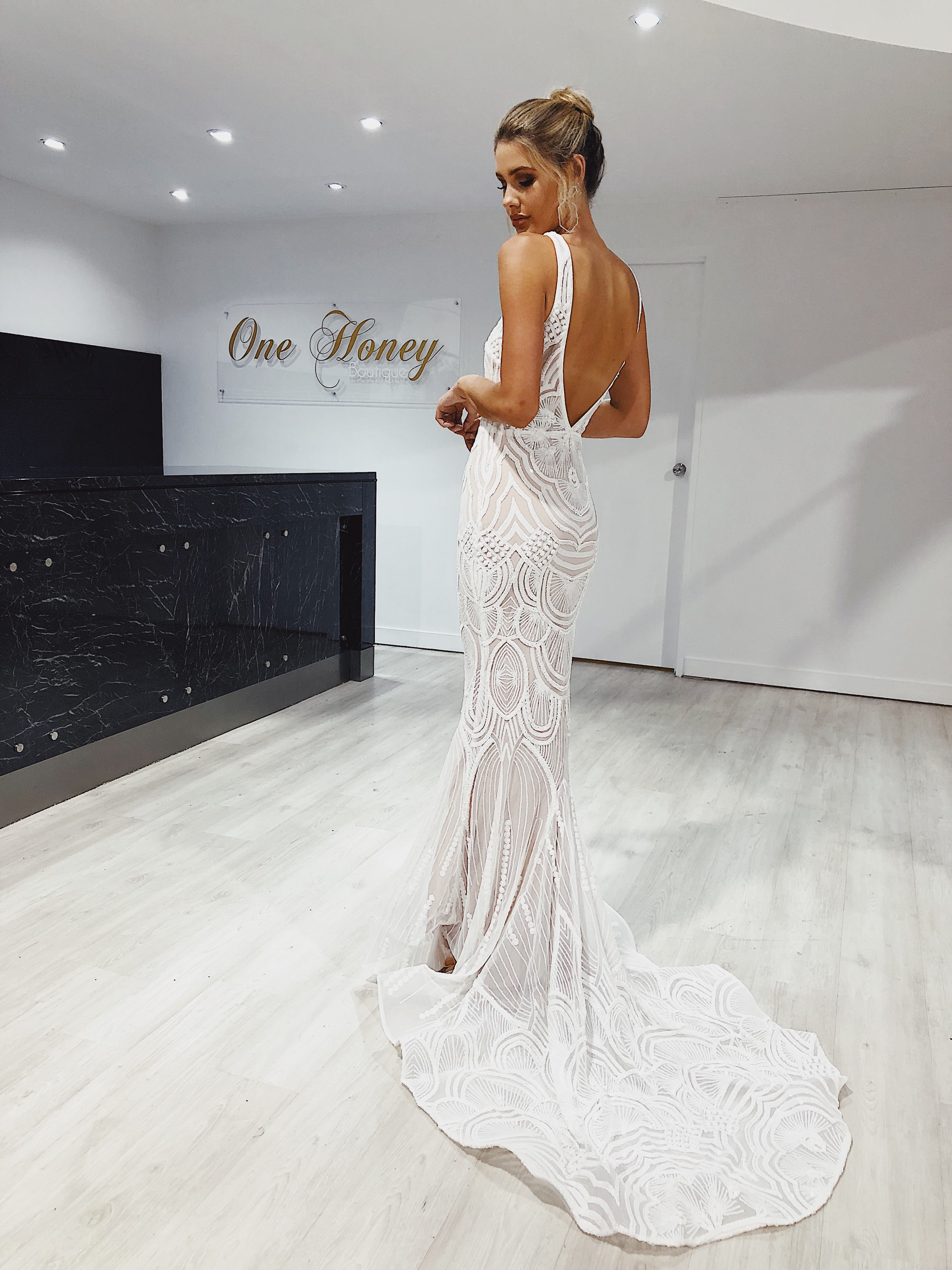 Tinaholy Couture Picasso P1732 White &amp; Nude Sequin Mermaid Formal Gown Dress {vendor} AfterPay Humm ZipPay LayBuy Sezzle