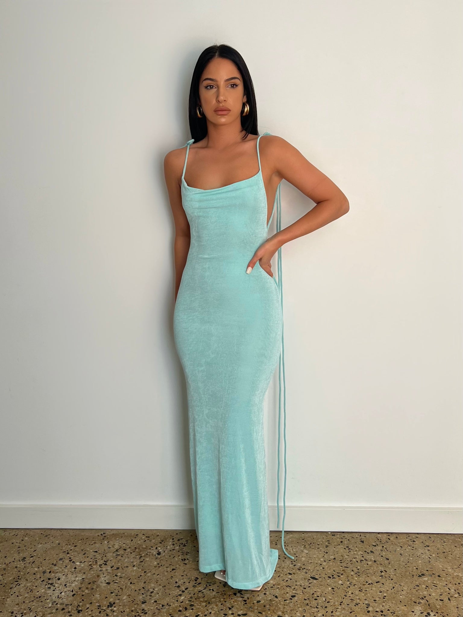 M LANI The Label CHRISTINA Drape Back Dress in AQUA