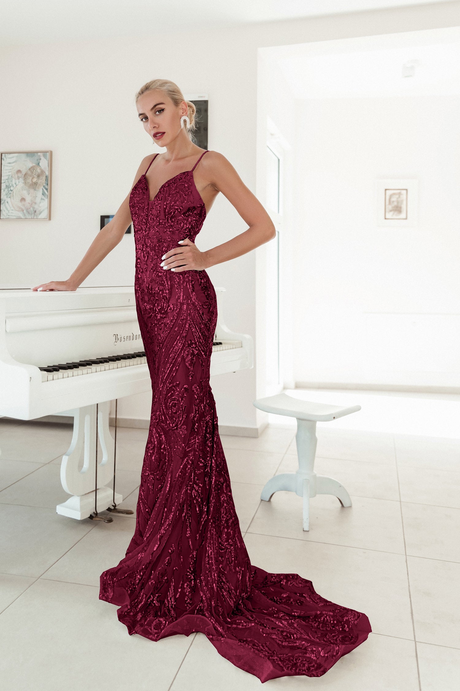 Buy Burgundy Dresses Sequin Formal Gowns Online in Australia