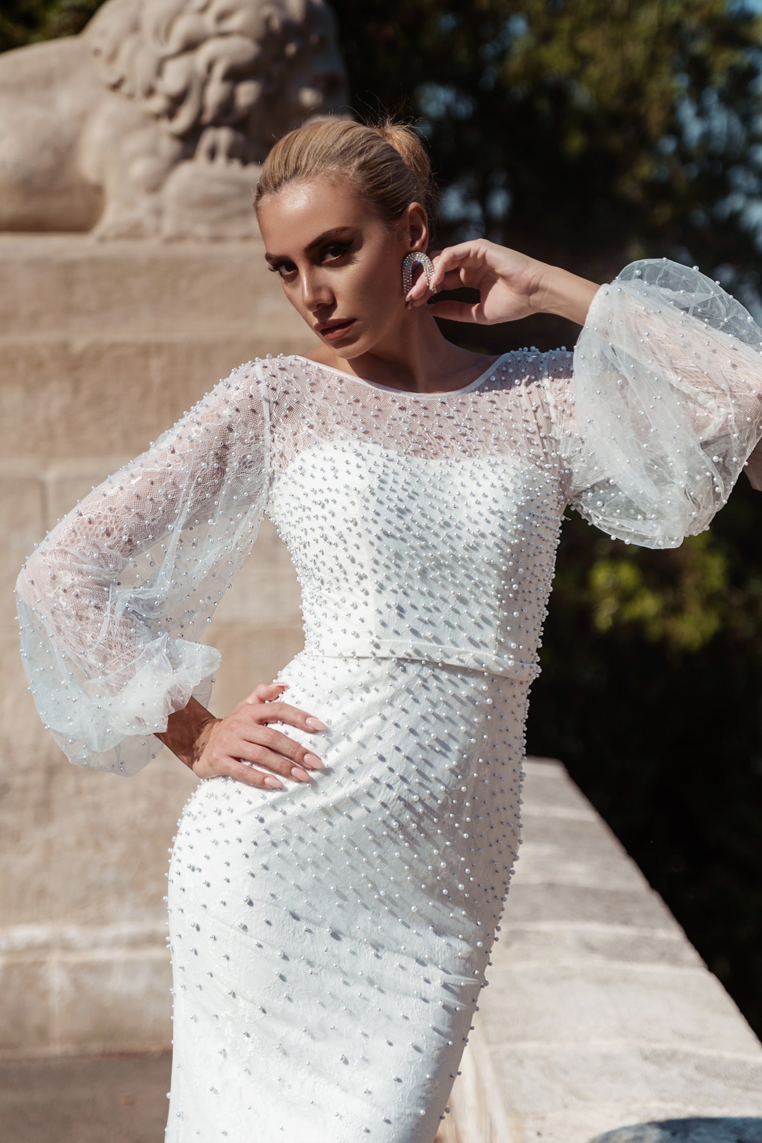 Tina Holly Couture BB016 Off White Mermaid Fitted With Pearls Sheer Long Sleeves Wedding Dress