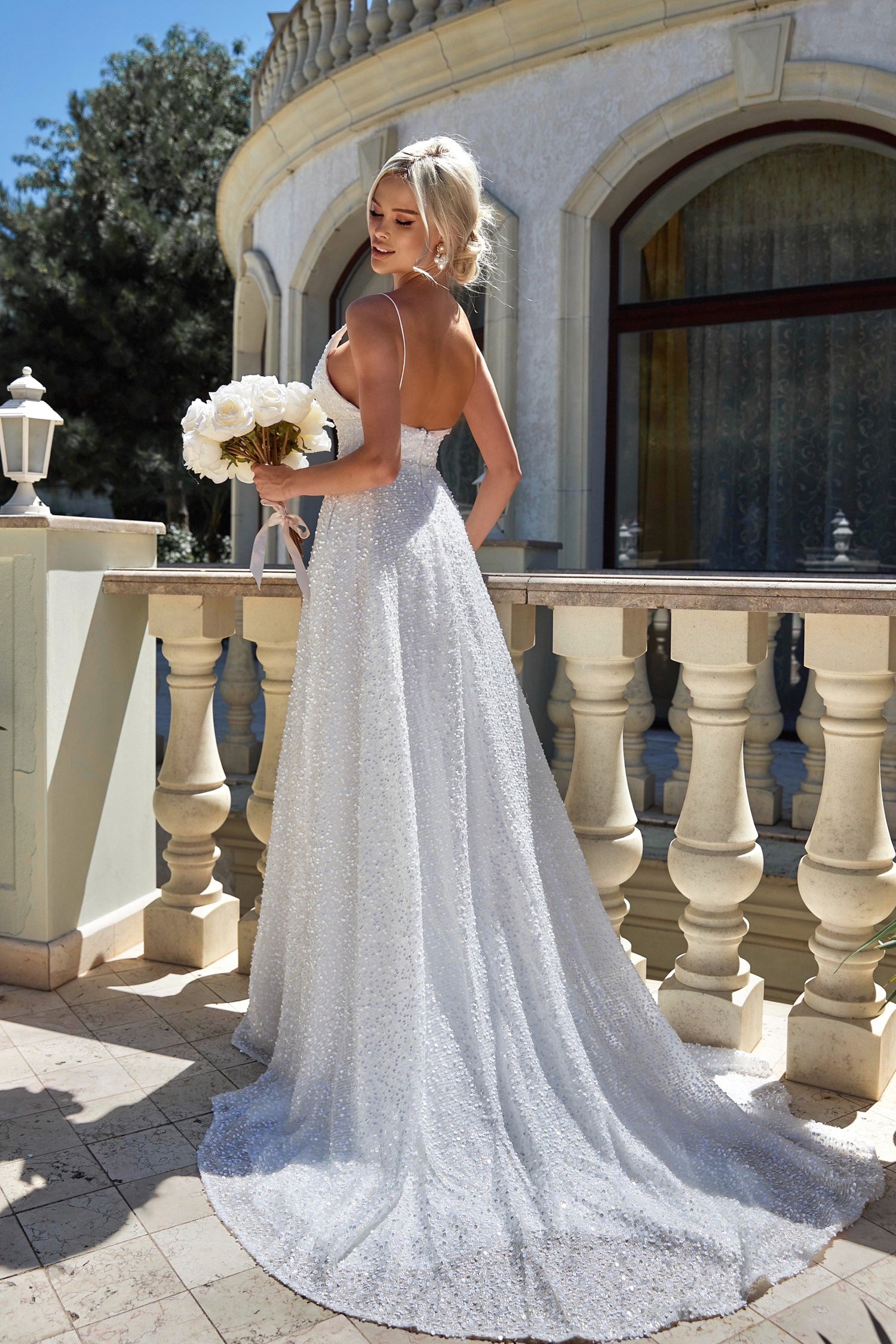 White sequin store bridal dress