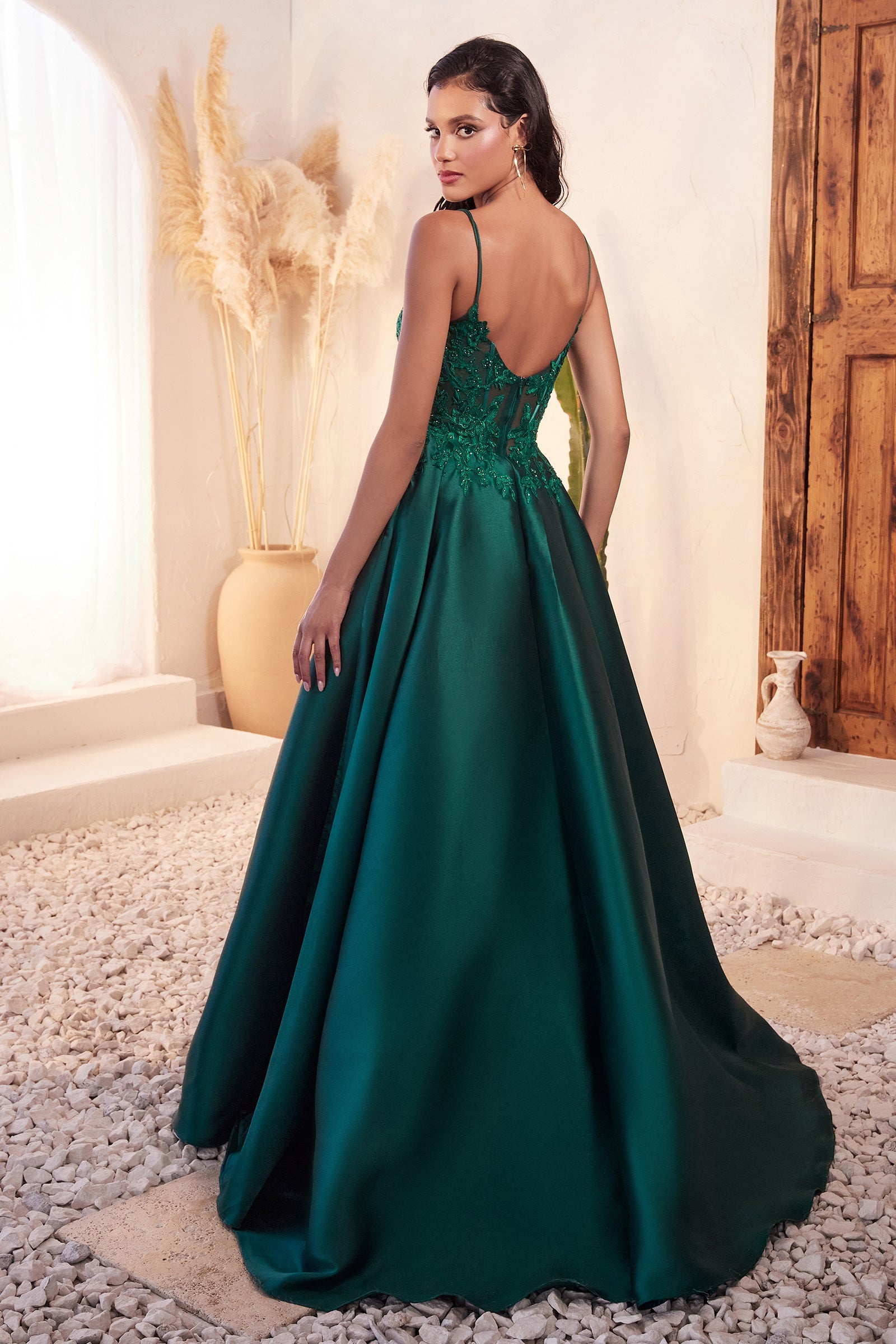 PURDIE Emerald Green Mikado Satin Lace A Line Ball Gown Prom Formal