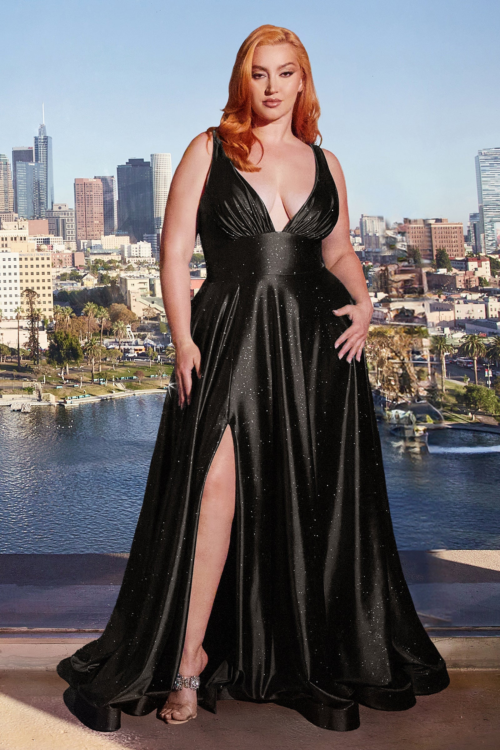 FEMME Curves ARABELLA Plus Size V Front A Line Shimmer Glitter Prom Formal Dress