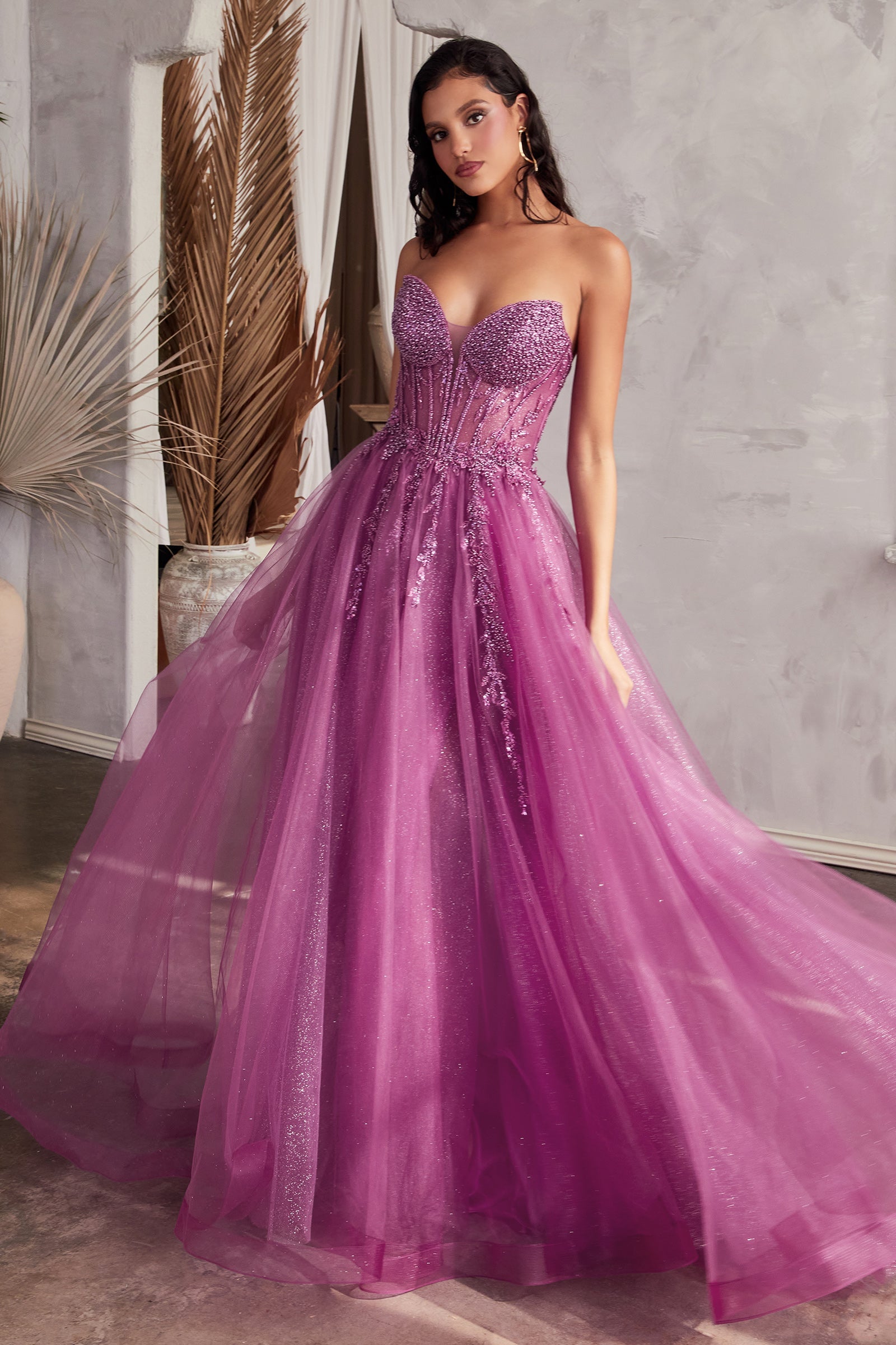 YZMA Strapless Beaded Bustier Tulle A Line Formal Dress