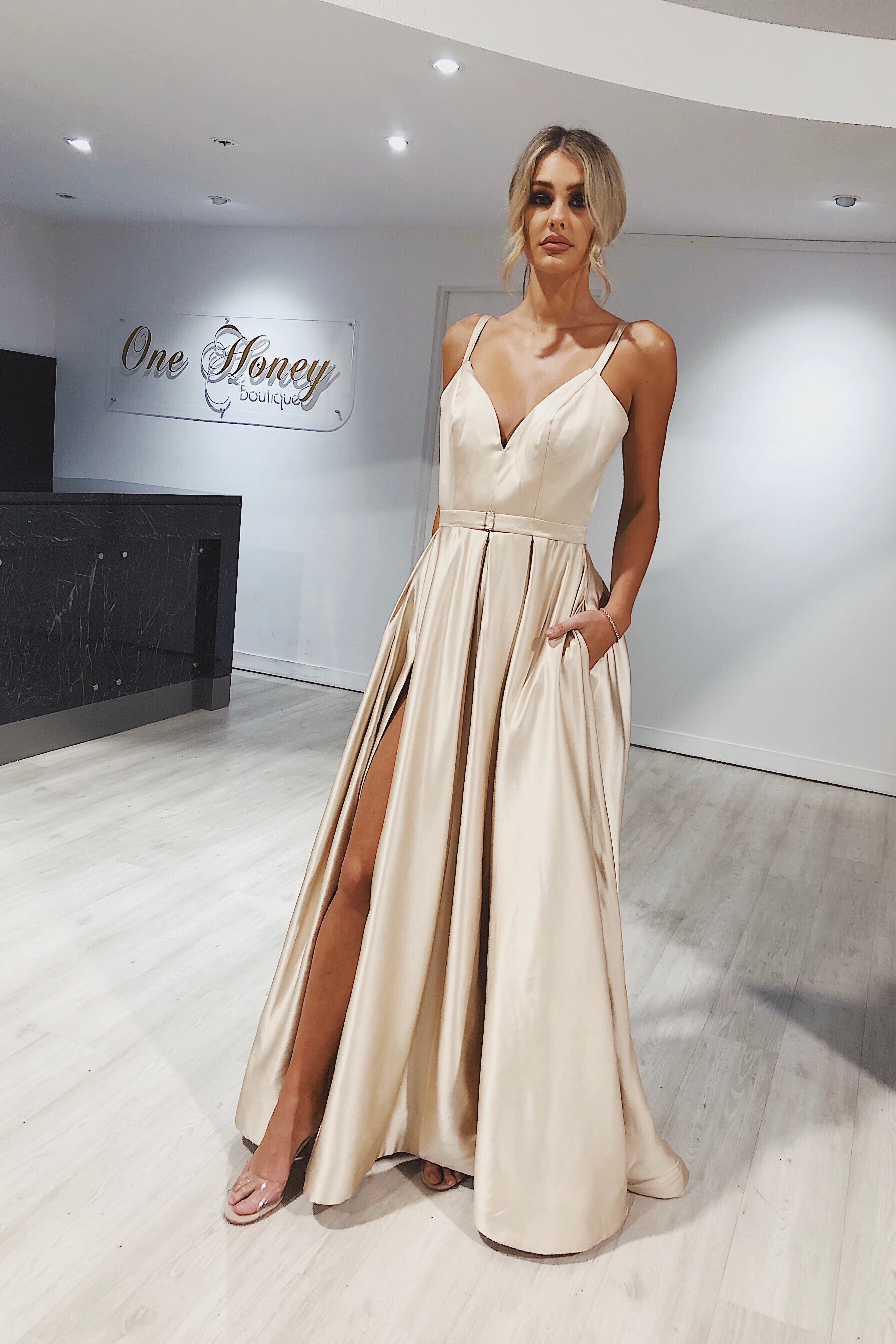 Honey Couture RACHRAY Bustier Pockets Formal Gown