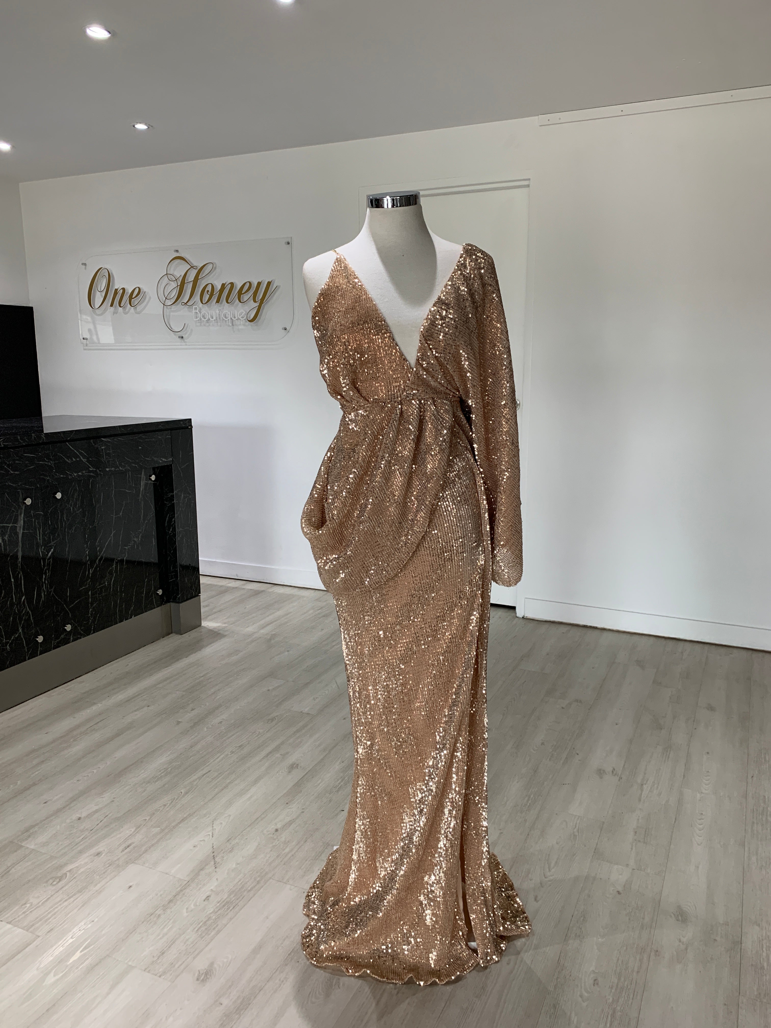 Honey Couture SHAKIRA Rose Gold One Sleeve Sequin Formal Dress