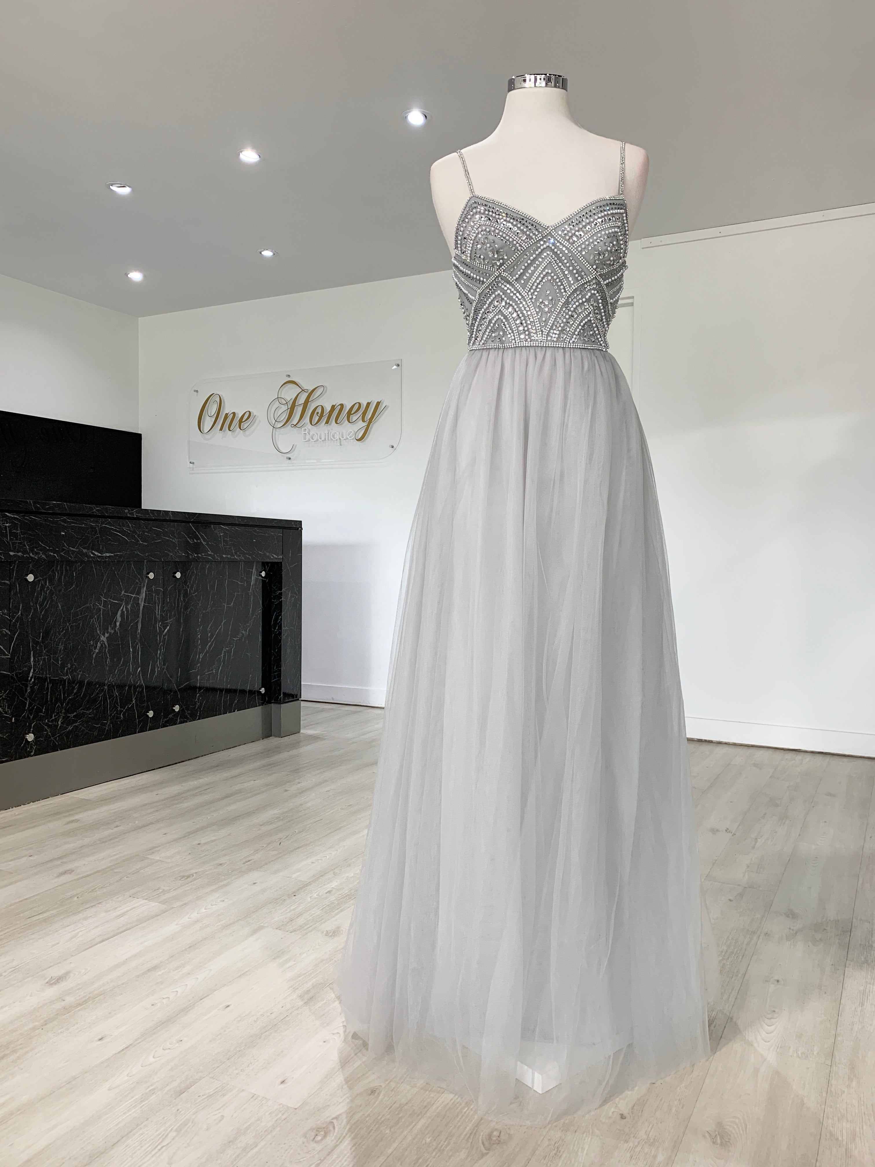 Honey Couture AINSLEY Grey Silver Crystal Beaded Tulle Formal Gown