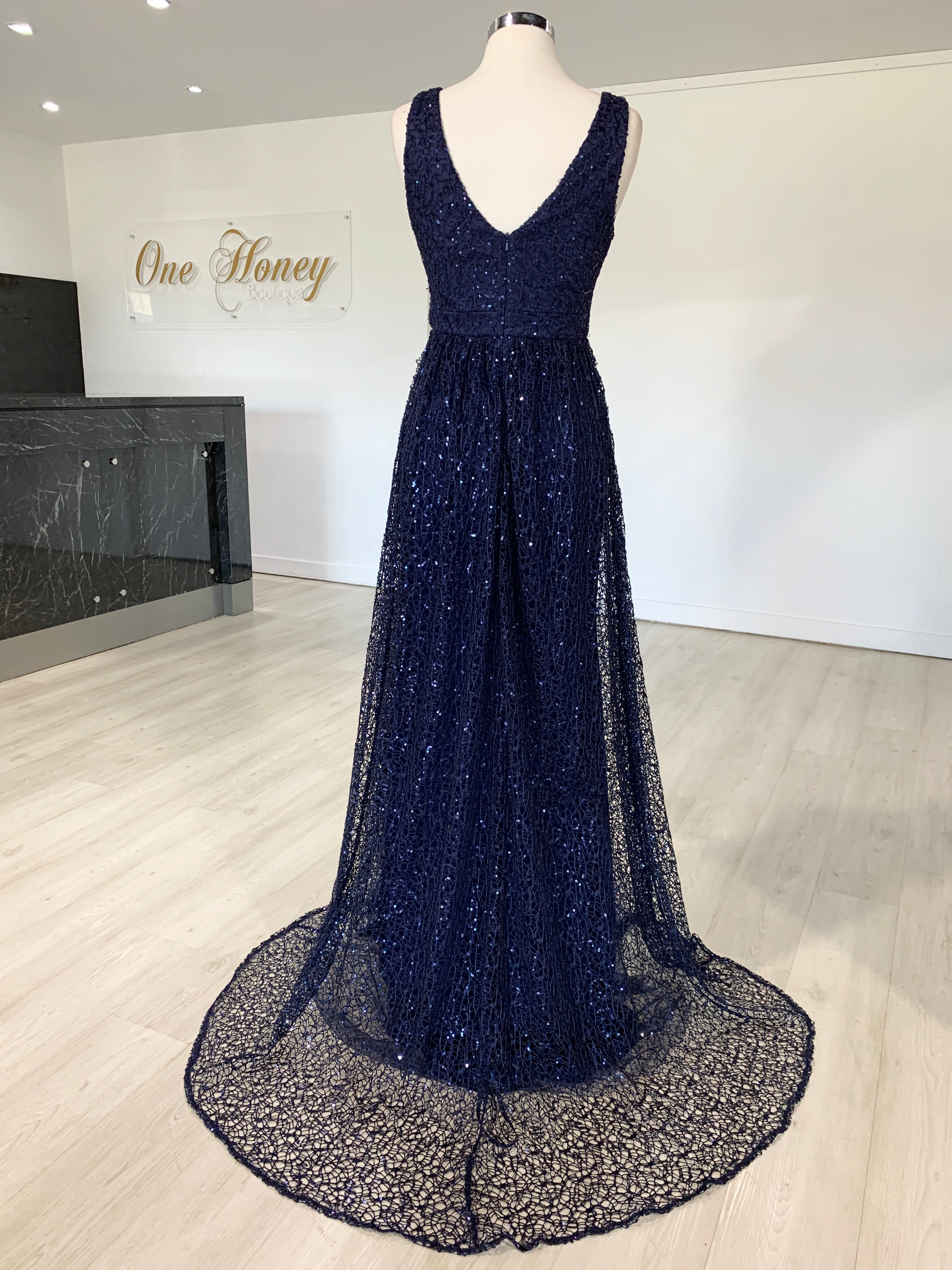 Dark blue clearance sequin prom dress