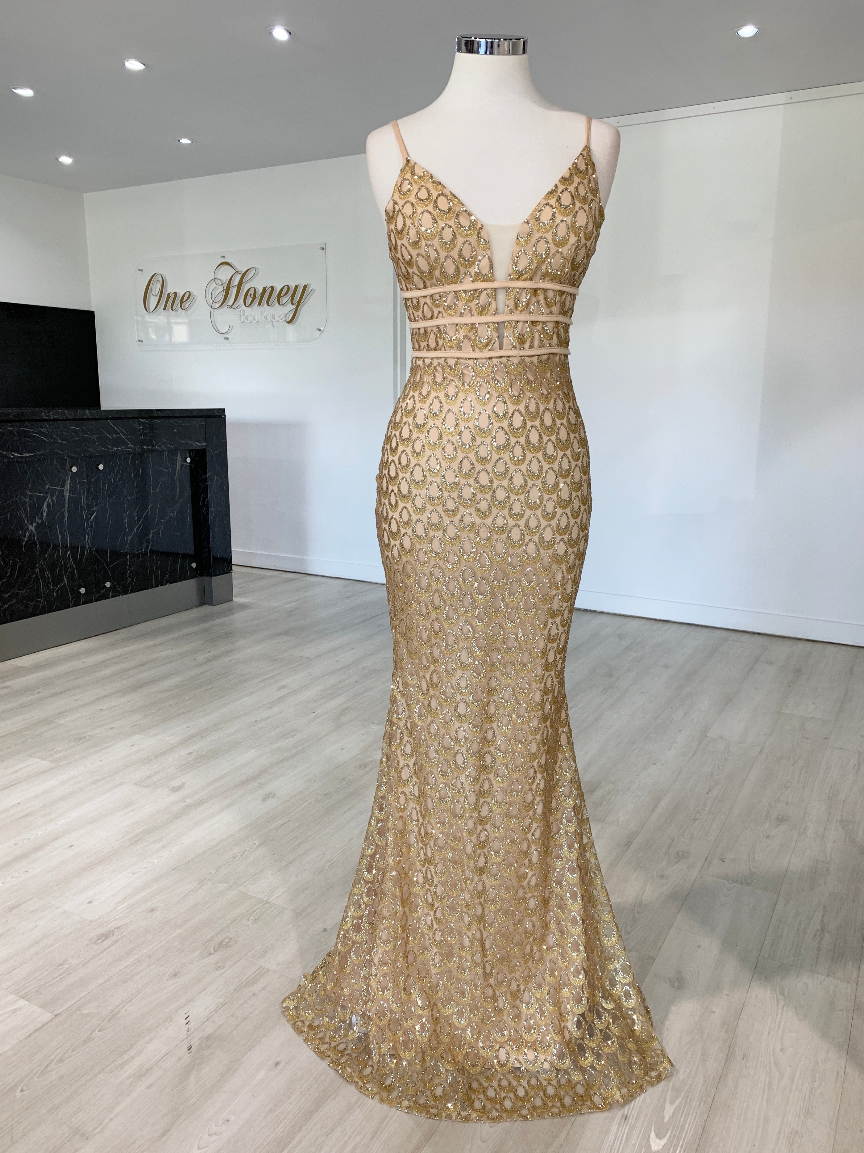 Honey Couture KARMEL Gold Glitter Formal Dress