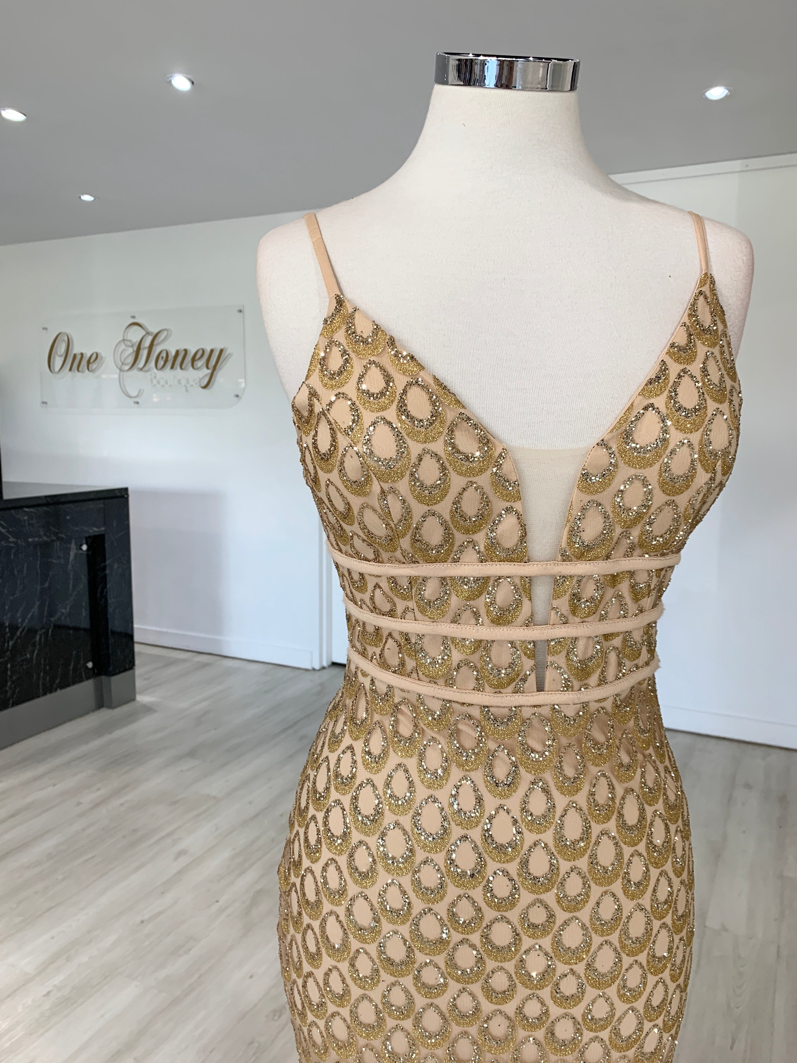 Honey Couture KARMEL Gold Glitter Formal Dress {vendor} AfterPay Humm ZipPay LayBuy Sezzle