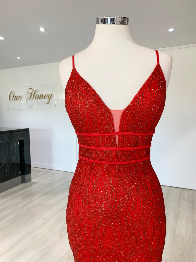 Honey Couture SARAI Red Glitter Mermaid Evening Gown Dress – One Honey