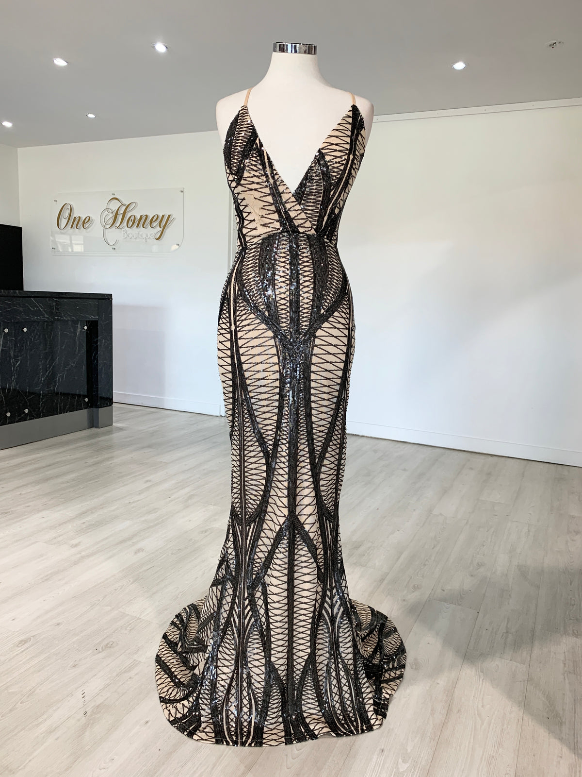 Honey Couture ALIZA Black Nude Sequin Mermaid Formal Dress