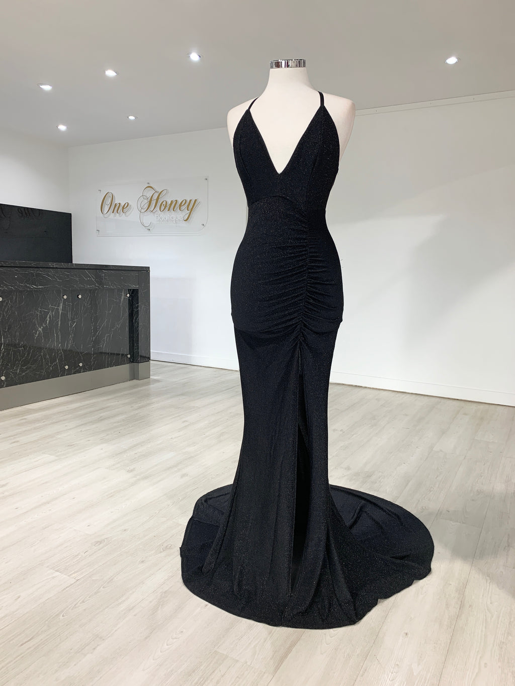 Honey Couture LUREX Black Sparkle Mermaid Evening Gown Dress