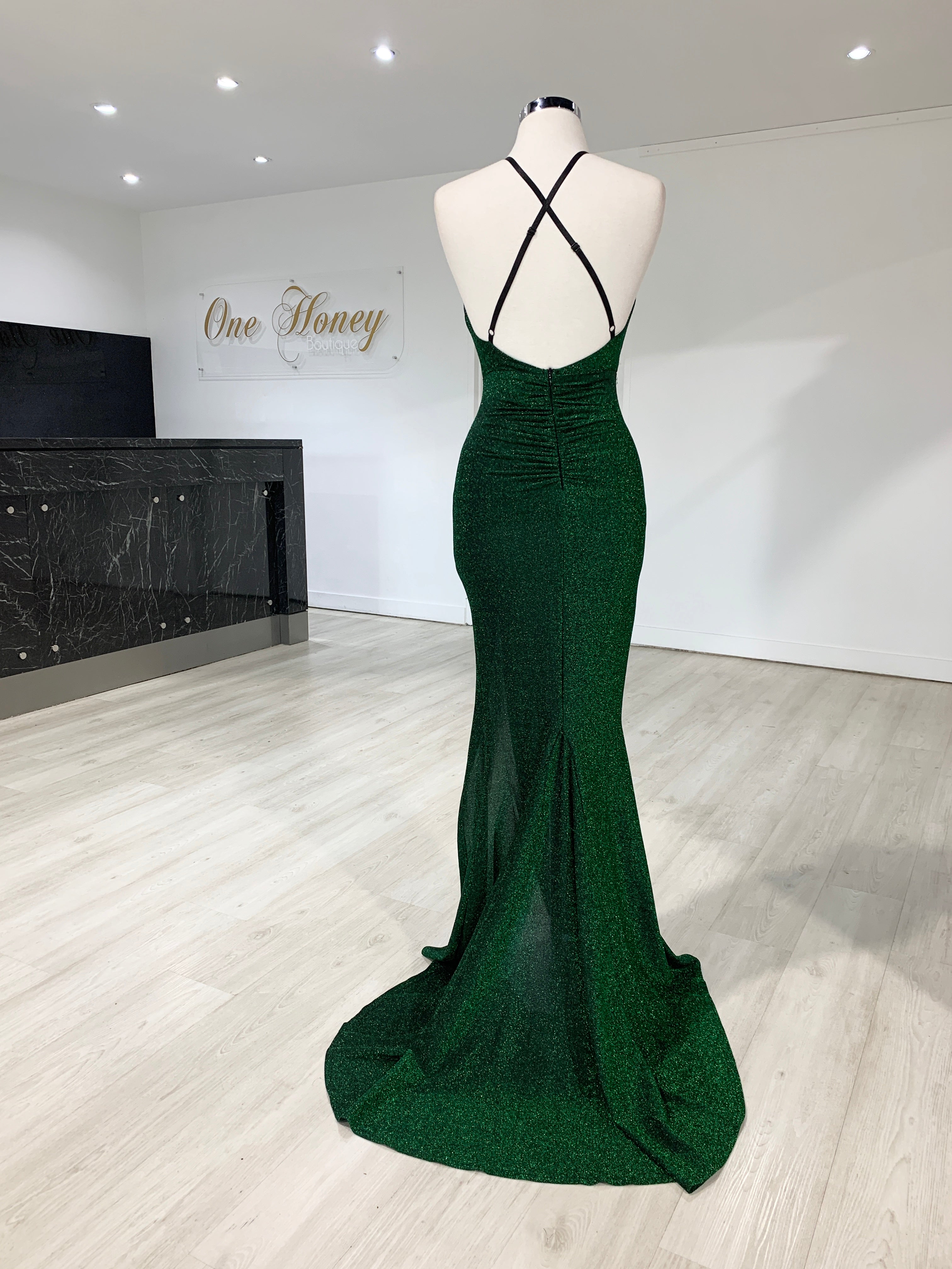 Honey Couture LUREX Emerald Green Sparkle Mermaid Evening Gown Dress