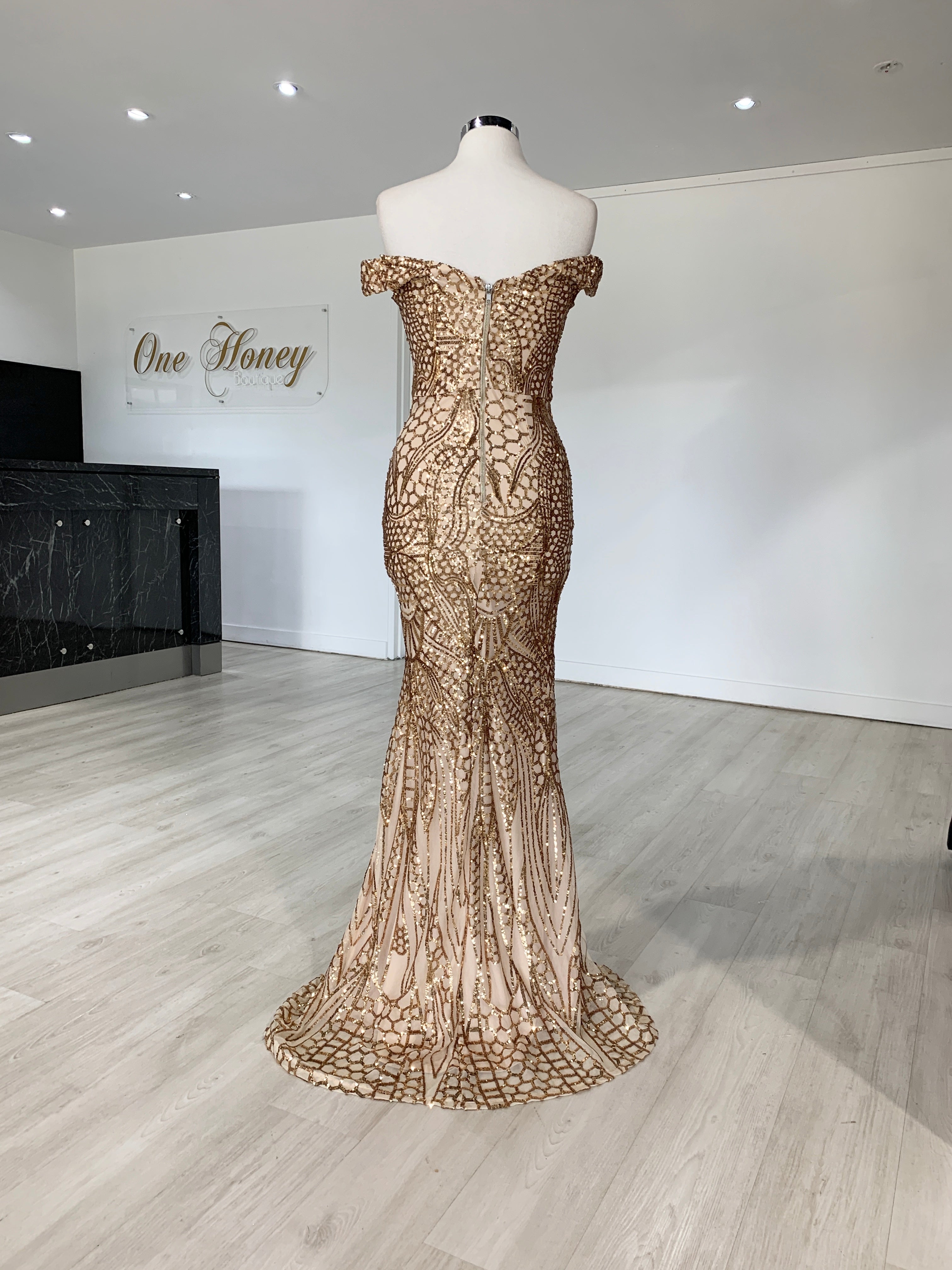 Off shoulder best sale rose gold dress