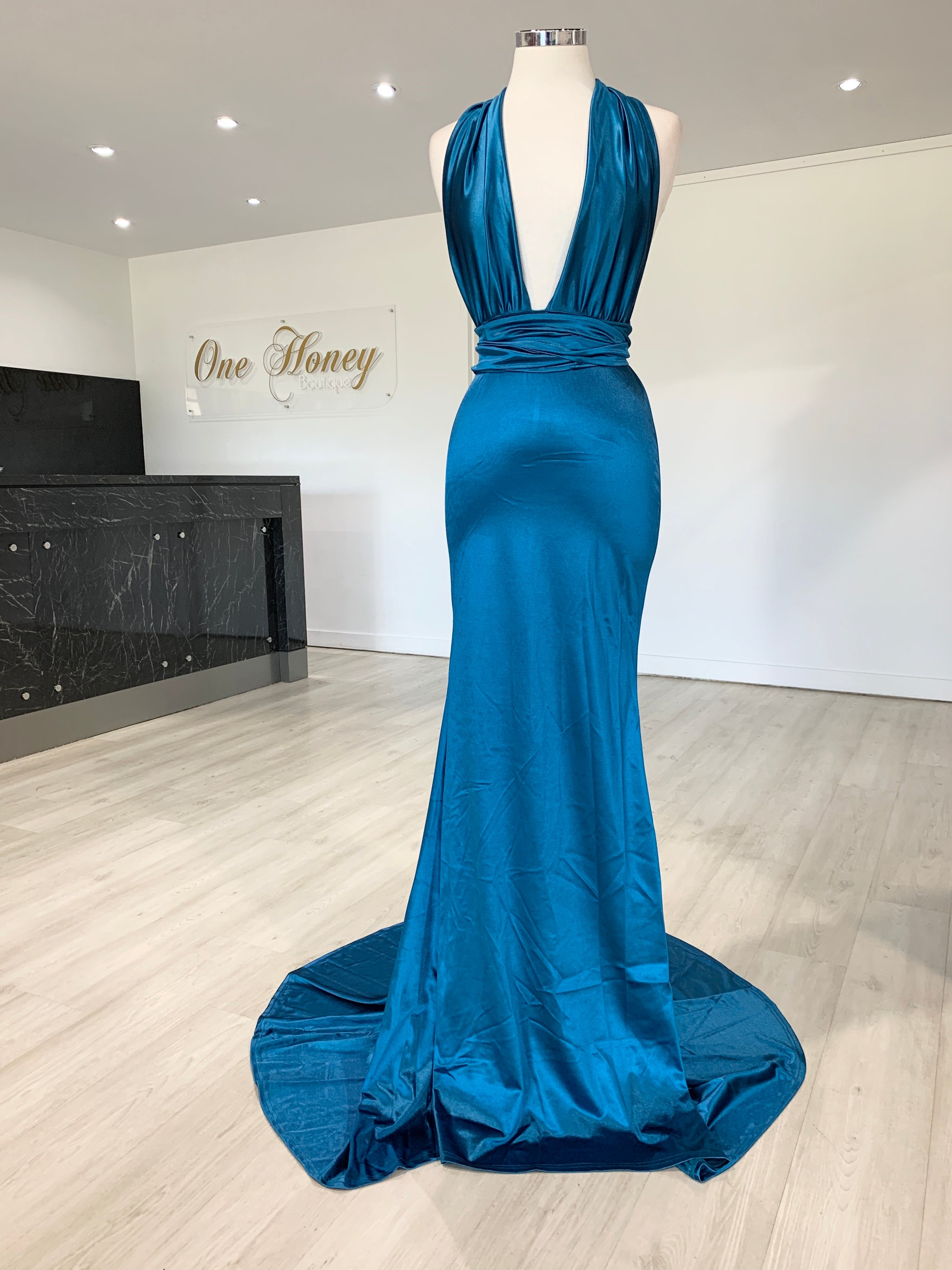 Honey Couture BLOSSUM Blue Multi Tie Evening Gown Dress