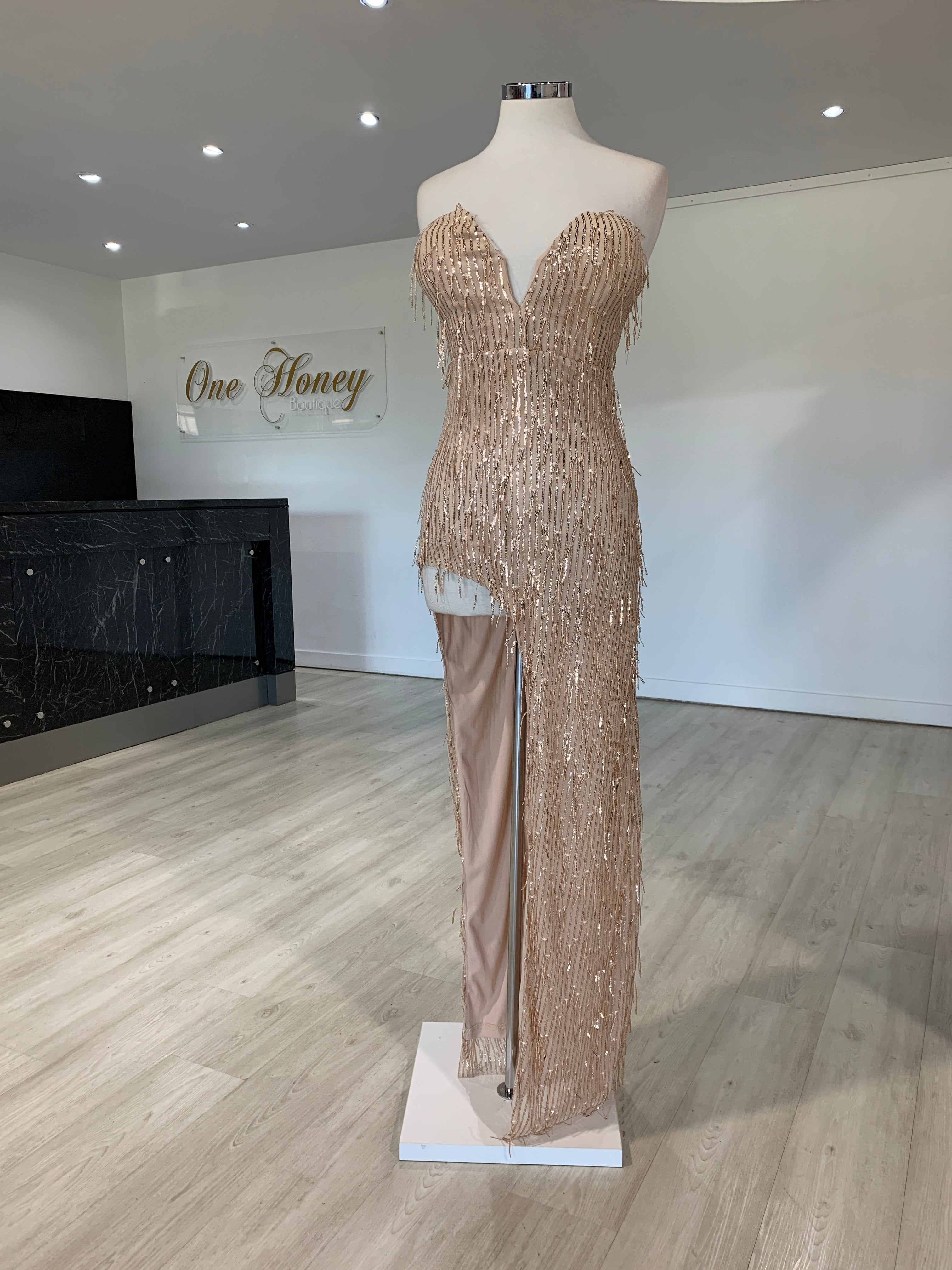 Honey Couture IRENE Gold Strapless Tassel Sequin Formal Dress