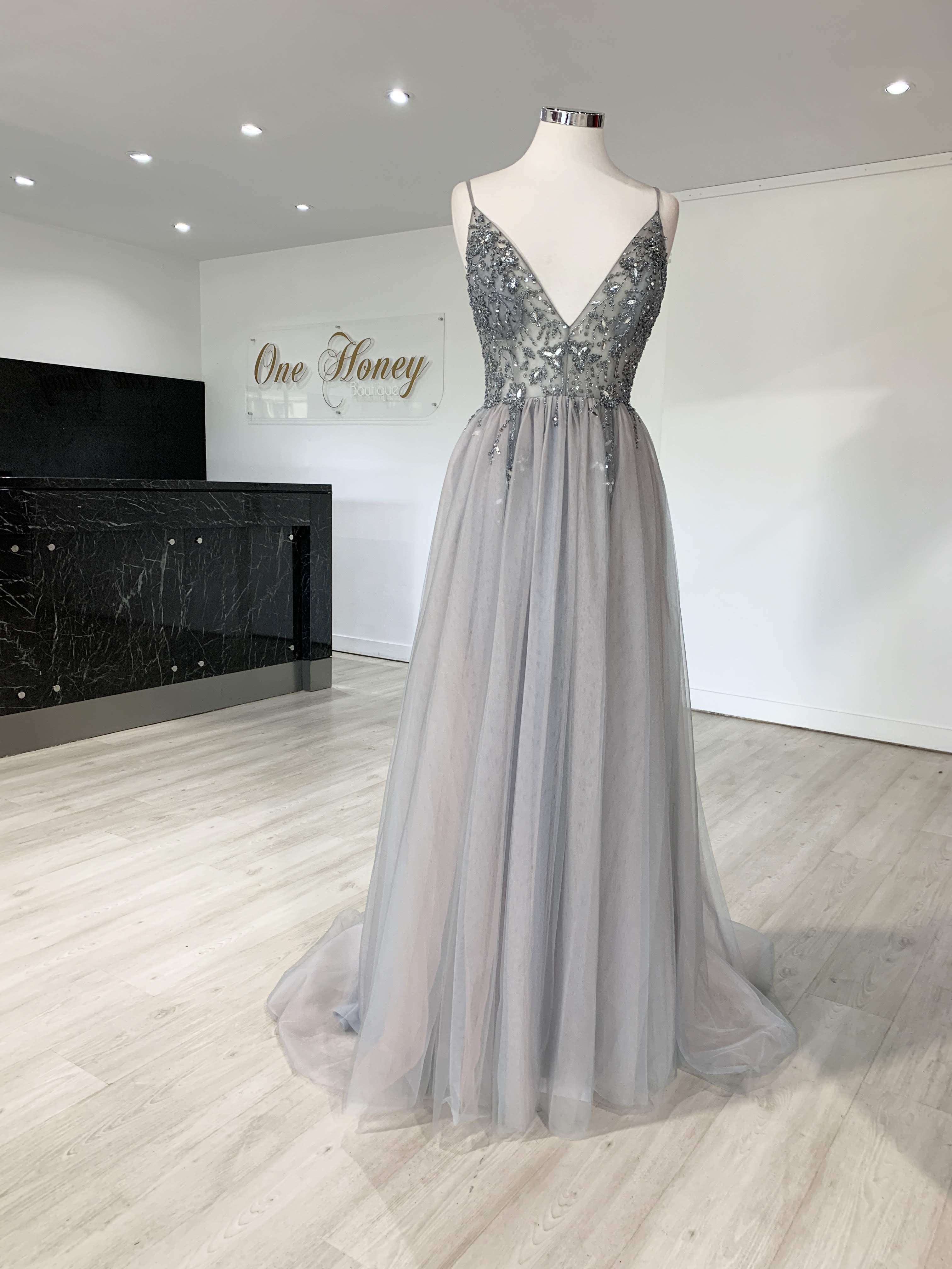 Honey Couture VIOLET Grey Tulle Crystal Beaded Formal Dress