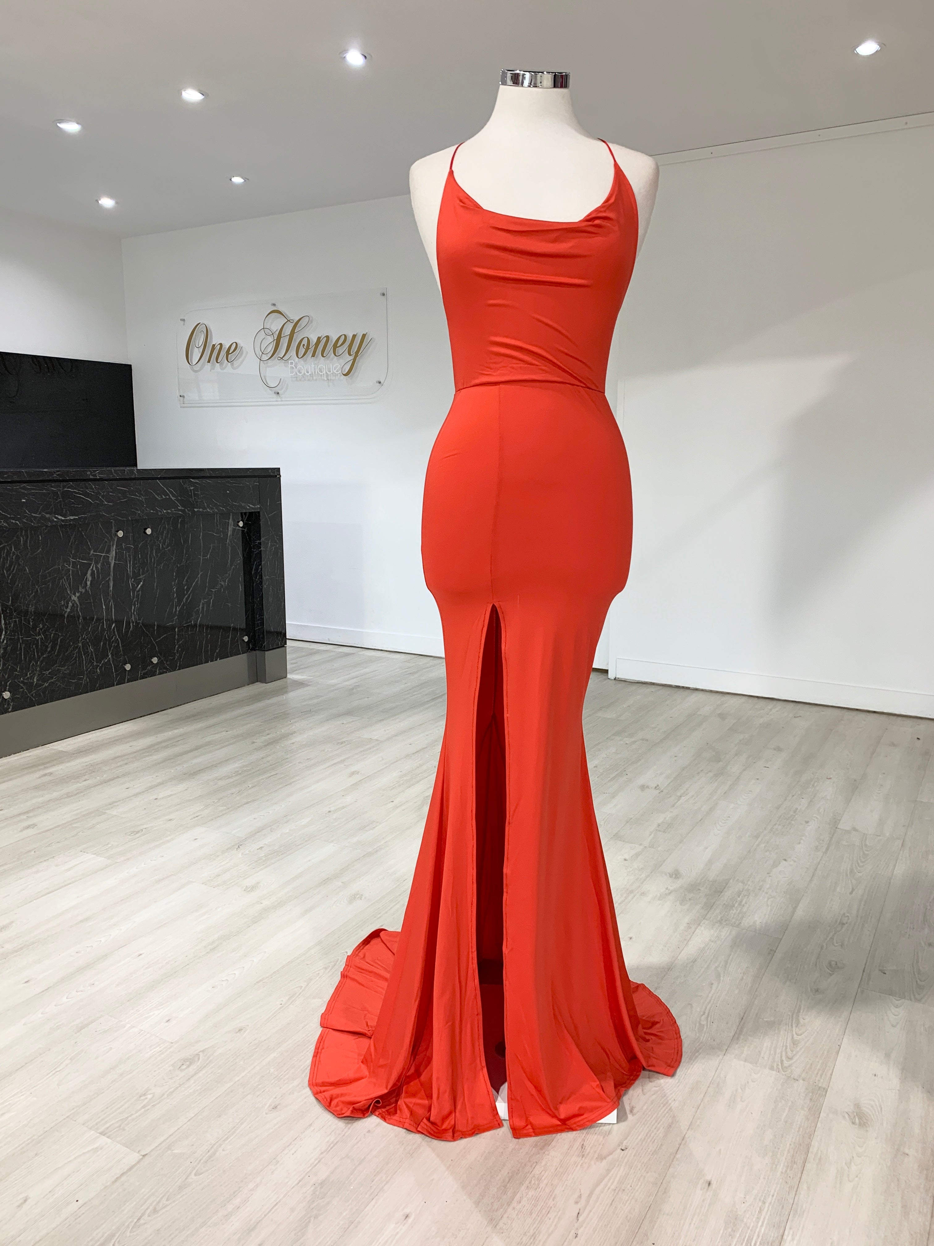 Honey Couture CIARA Red Low Back Formal Dress