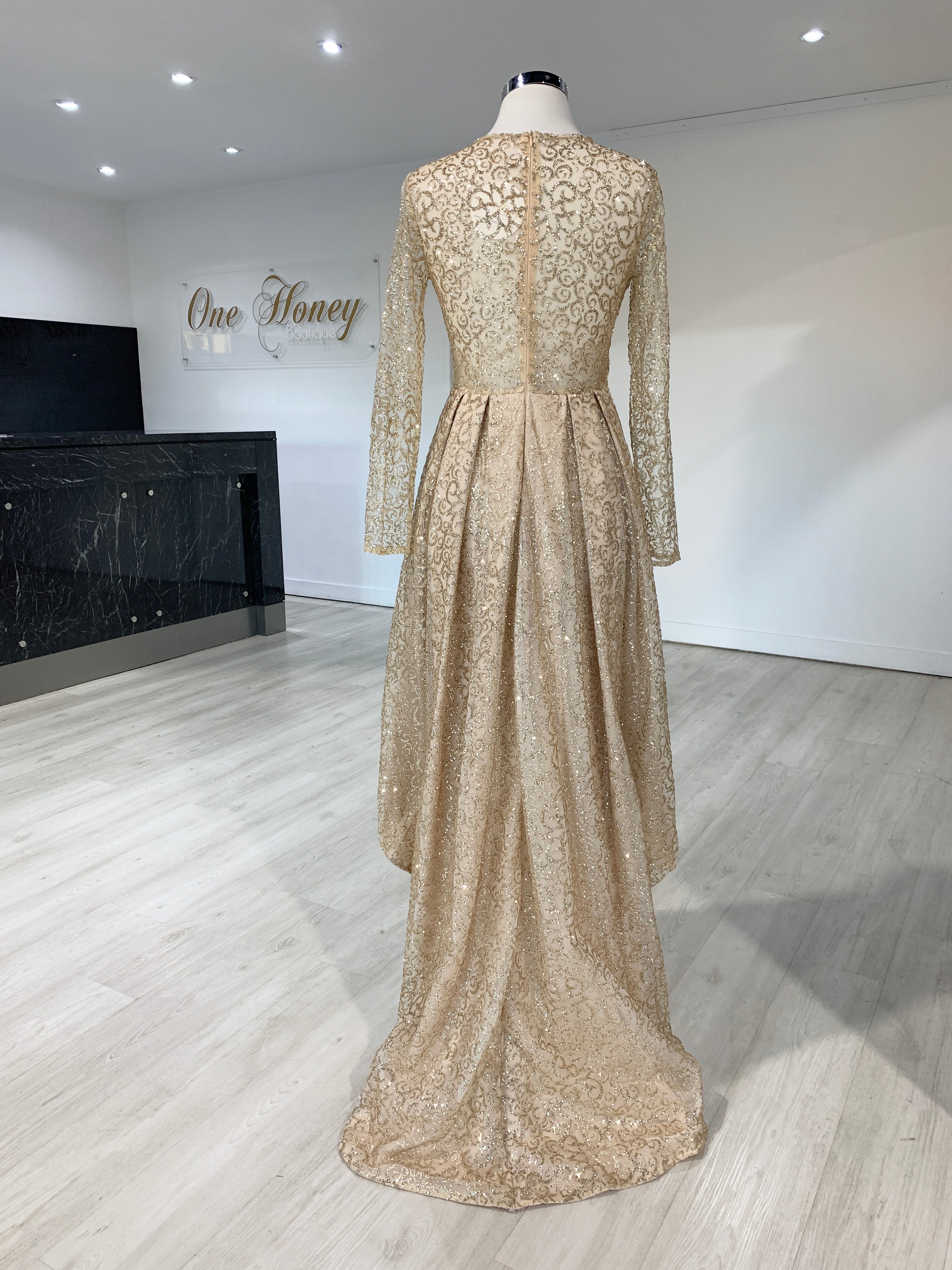 Long sleeve cheap gold formal dress